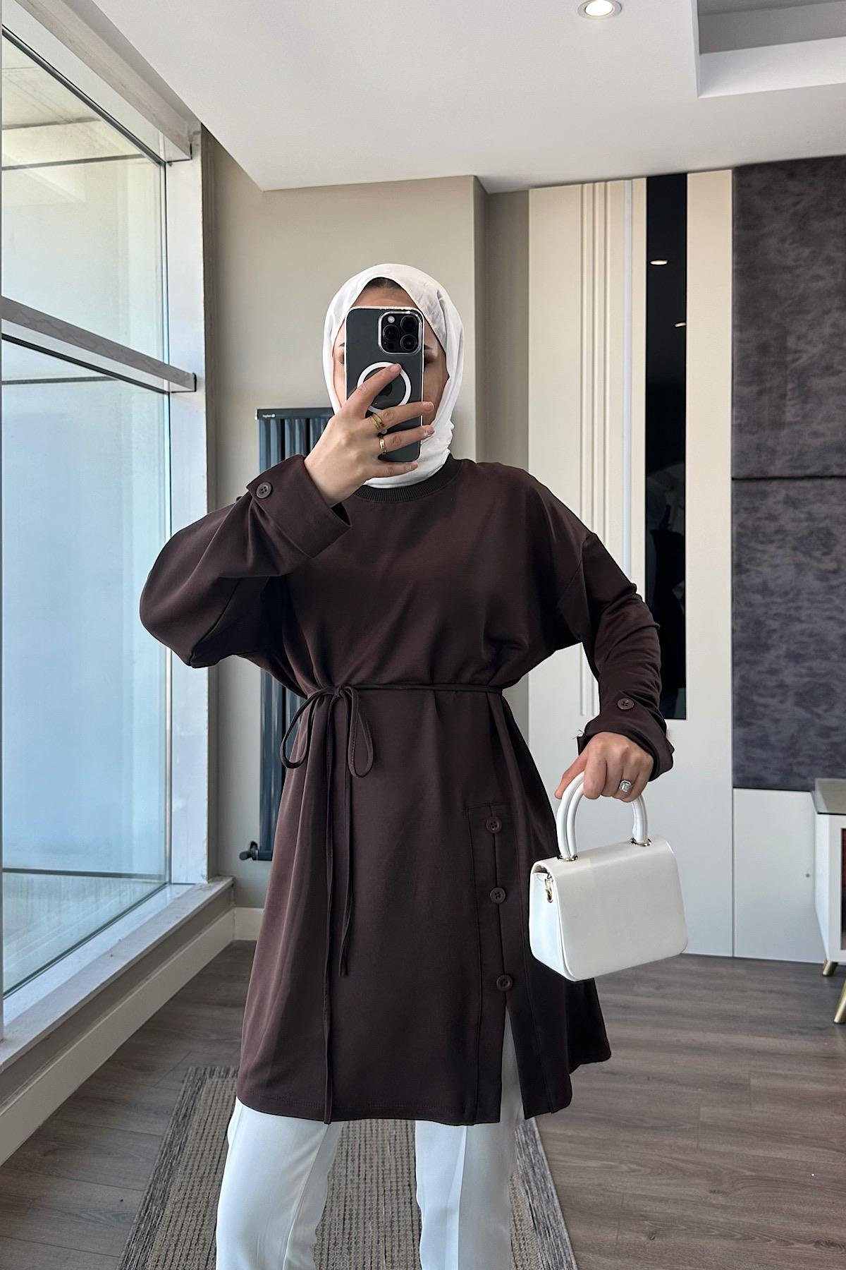 Düğme Detaylı Tunik Kahverengi DubaiShowroomÜST GİYİM17031