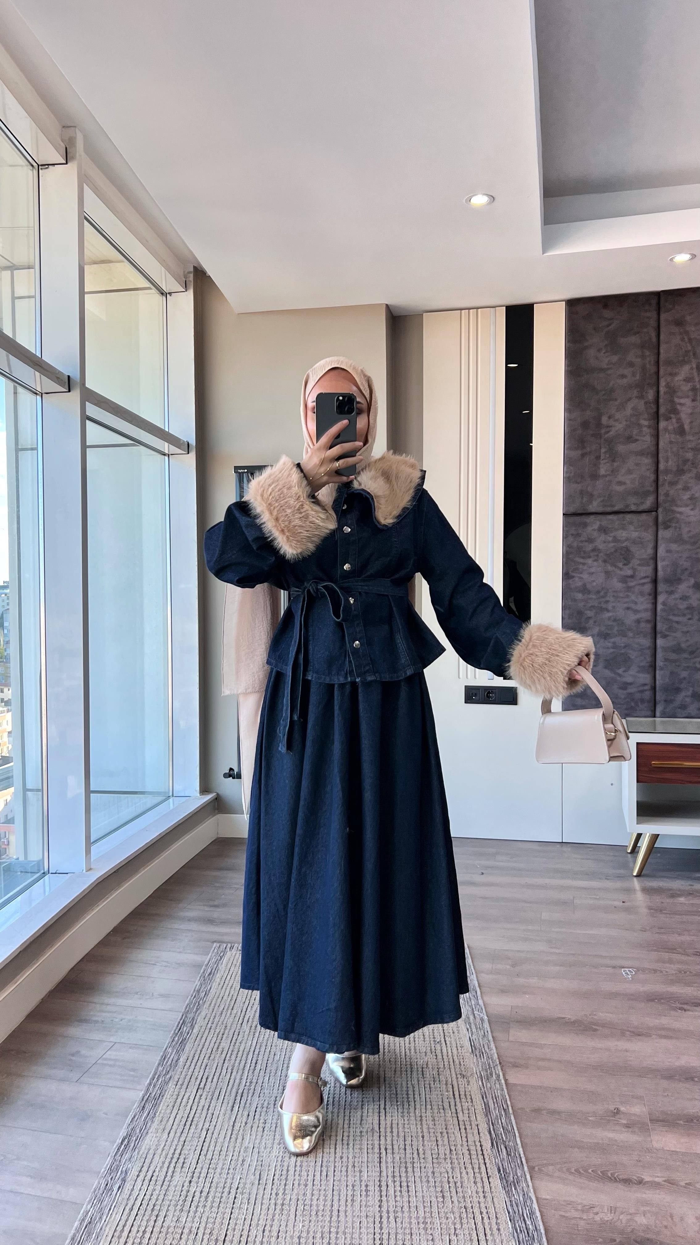 Manşet Kürk Detay Denim Takım Koyu KotDubaiShowroomTAKIM41478