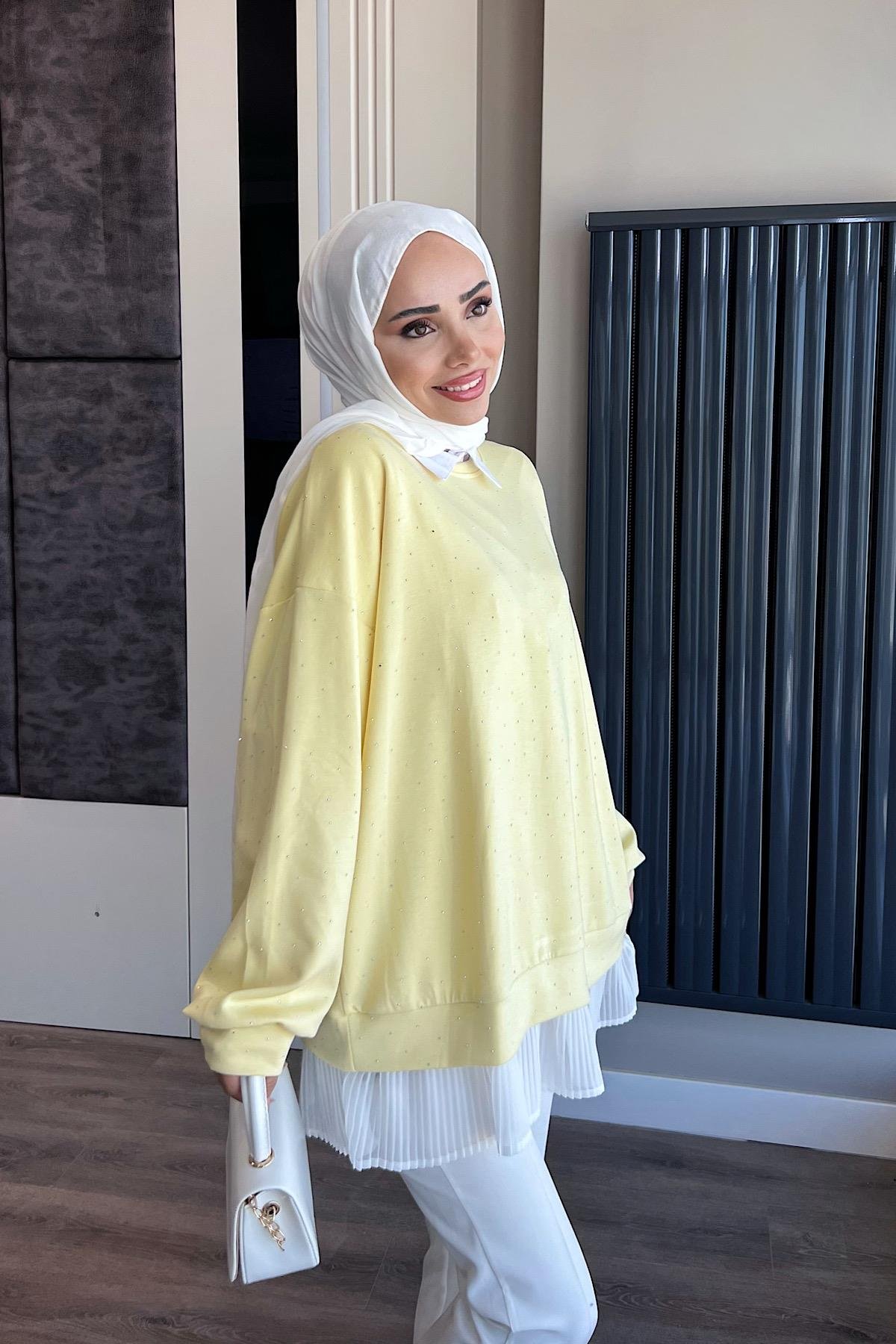 Kendinden Pileli Taşlı Sweat SarıDubaiShowroomSWEAT01069