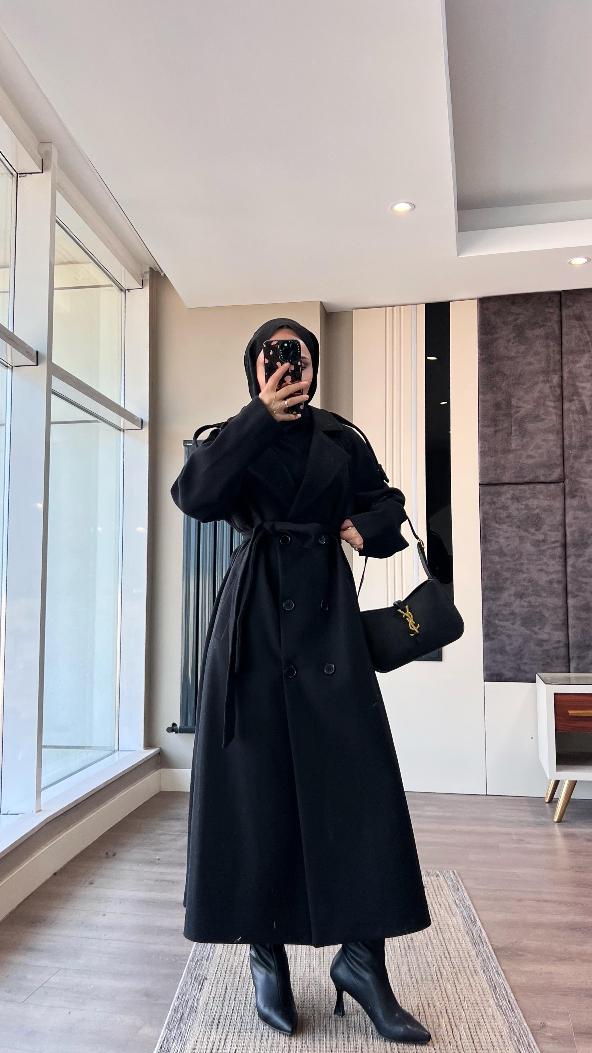 Kuşaklı Kaşe Kaban SiyahDubaiShowroomDIŞ GİYİM70028