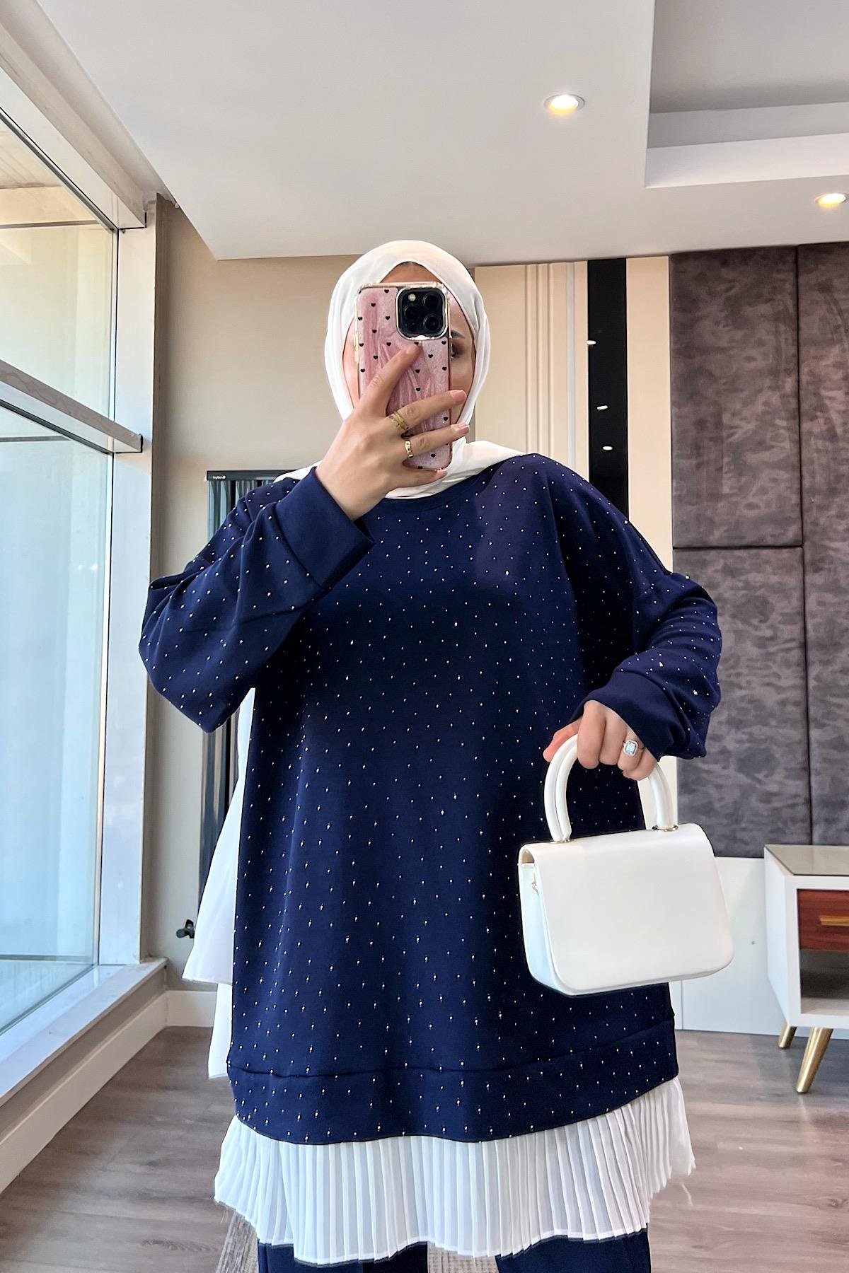 Altı Pileli Üzeri taşlı Takım Lacivert DubaiShowroomTAKIM41654