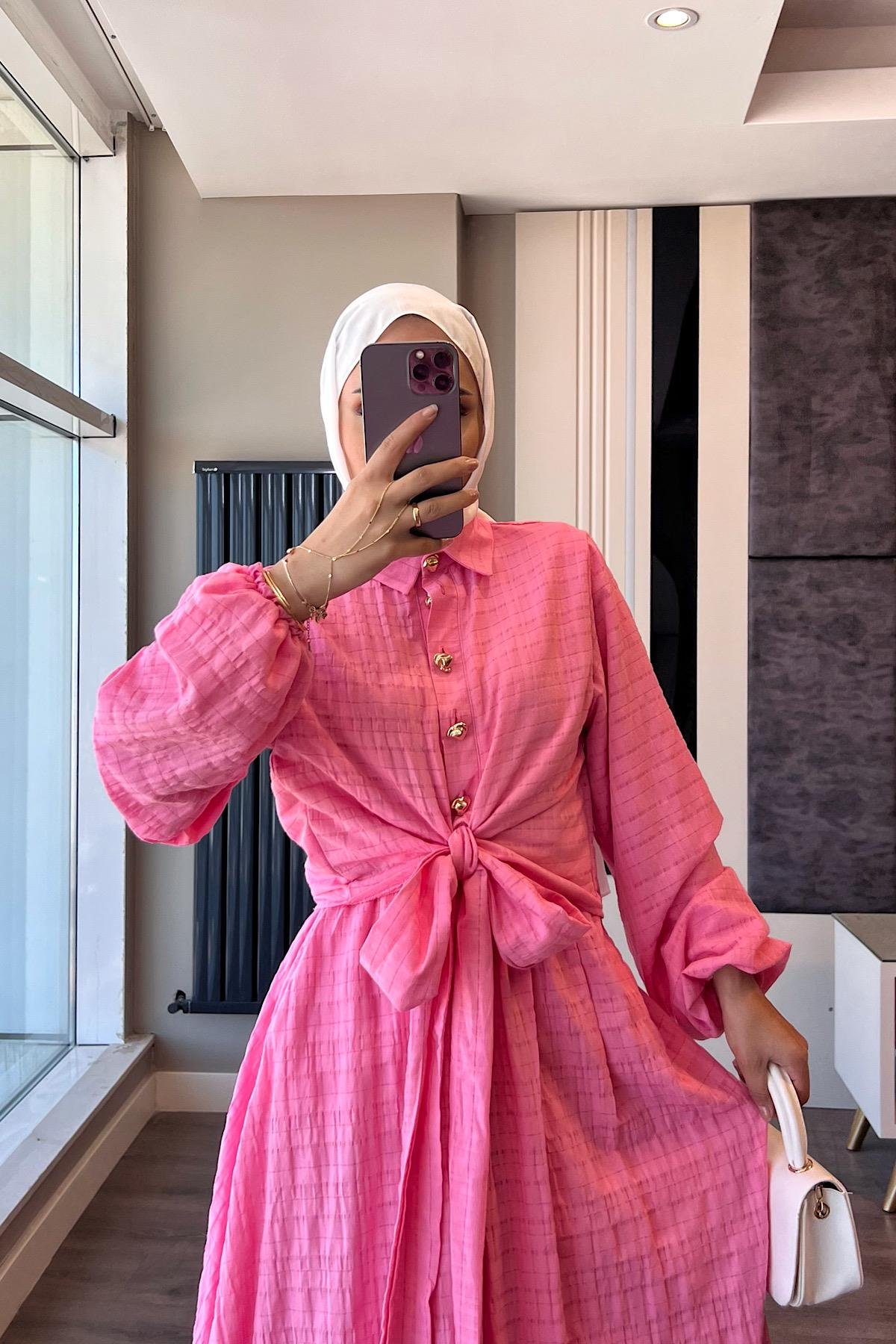 Gold Düğme Detaylı İkili Takım PembeDubaiShowroomTAKIM07557