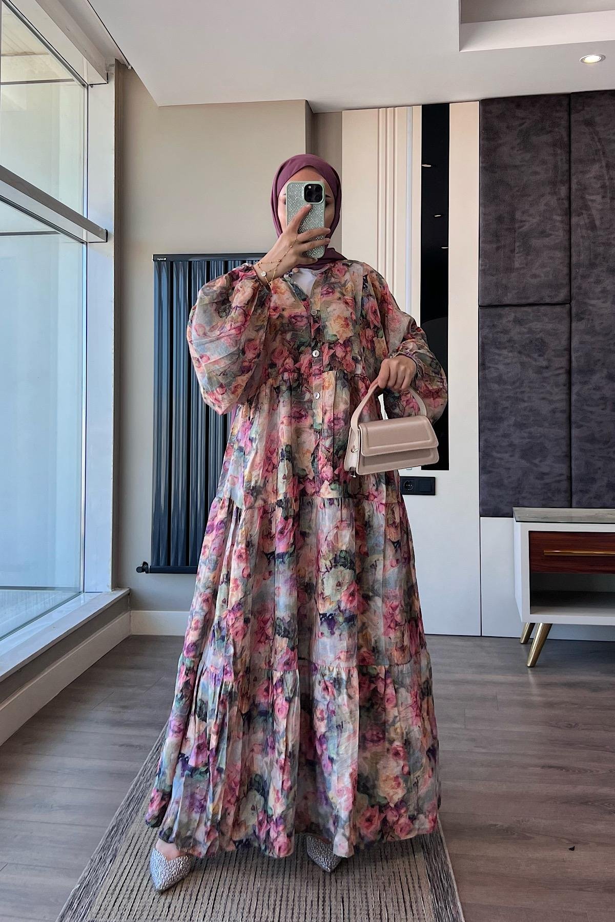 Yarım Patlı Desenli Elbise DubaiShowroomELBİSELER01551