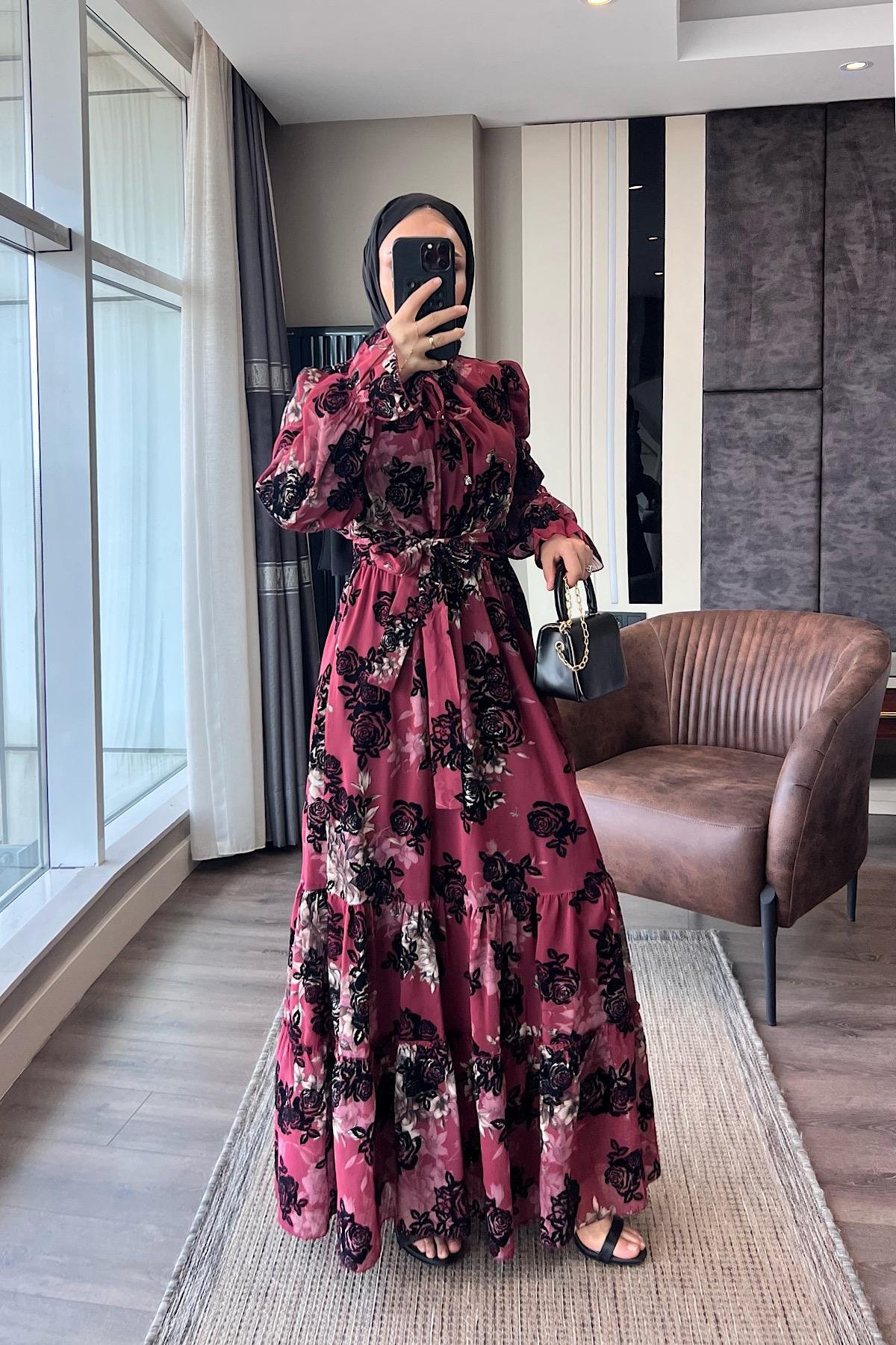 Çiçek Desenli Elbise BordoDubaiShowroomELBİSELER0428