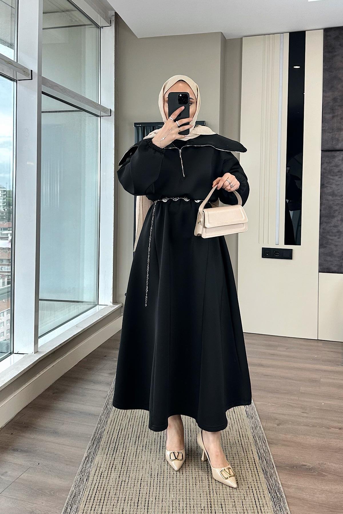 Yakası Geniş Skuba Elbise SiyahDubaiShowroomELBİSELER01053