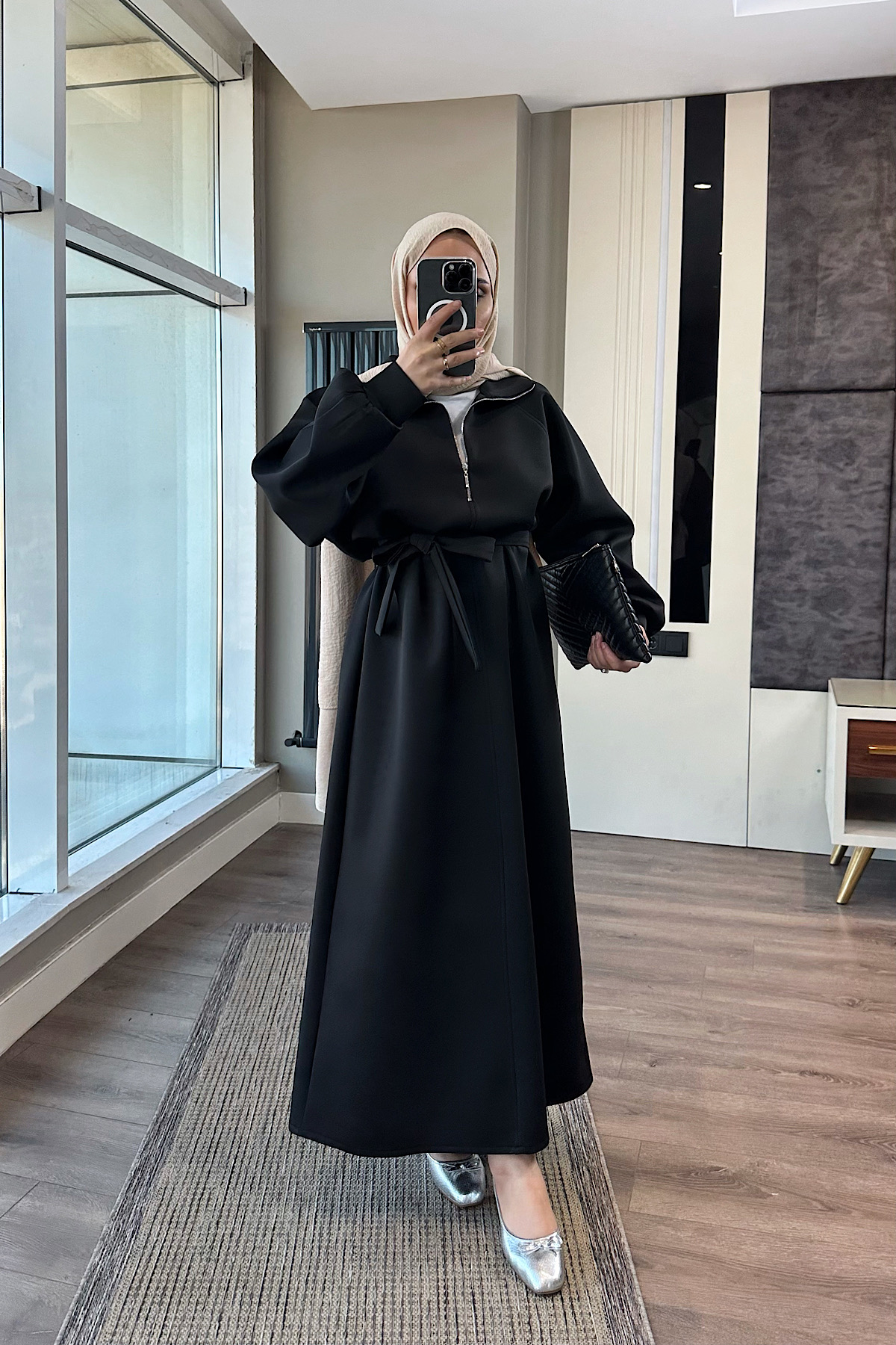 Yakası Fermuarlı Skuba Elbise SiyahDubaiShowroomELBİSELER00970