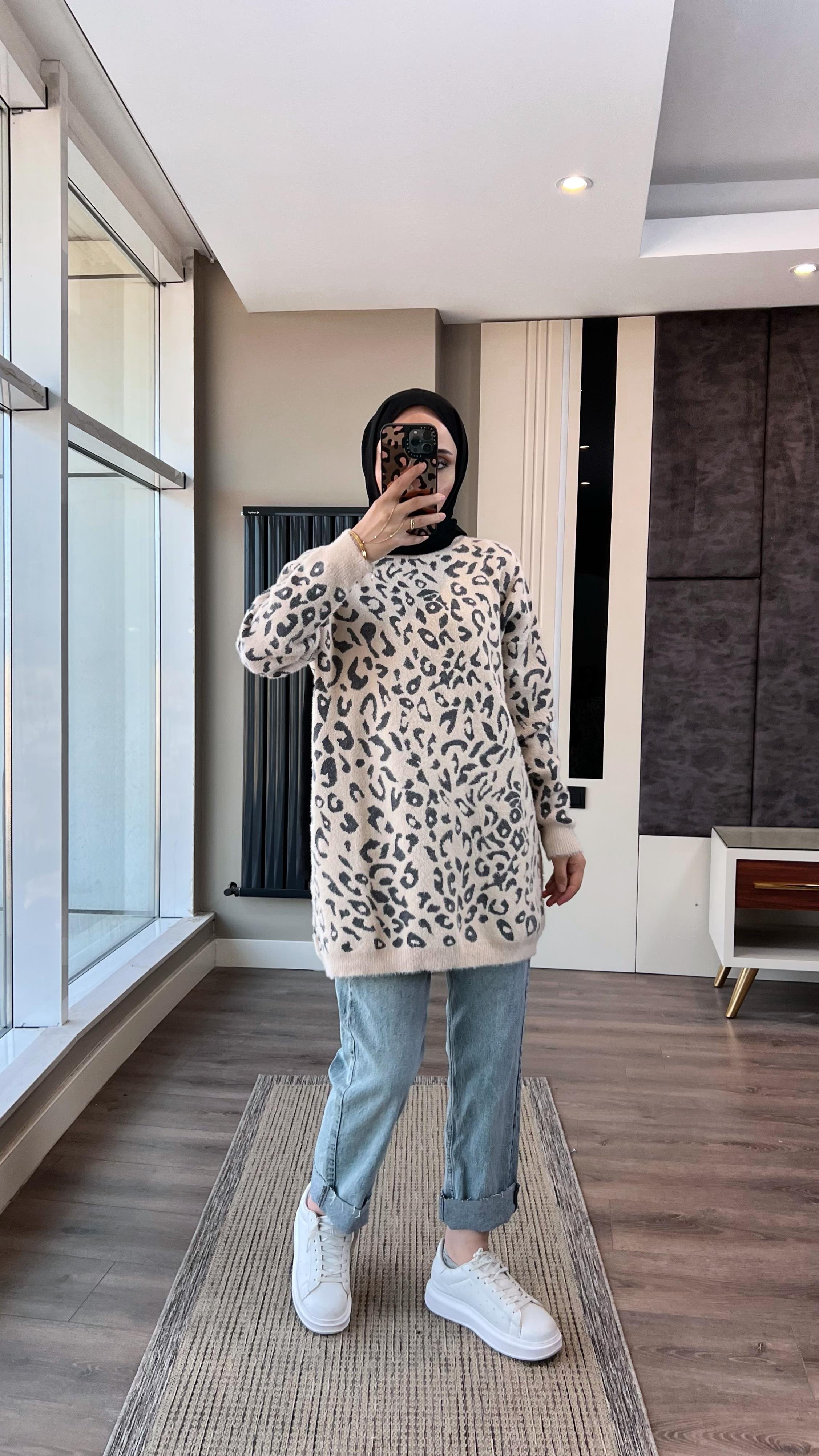 Leopar Yumoş Tunik BejDubaiShowroomÜST GİYİM9718