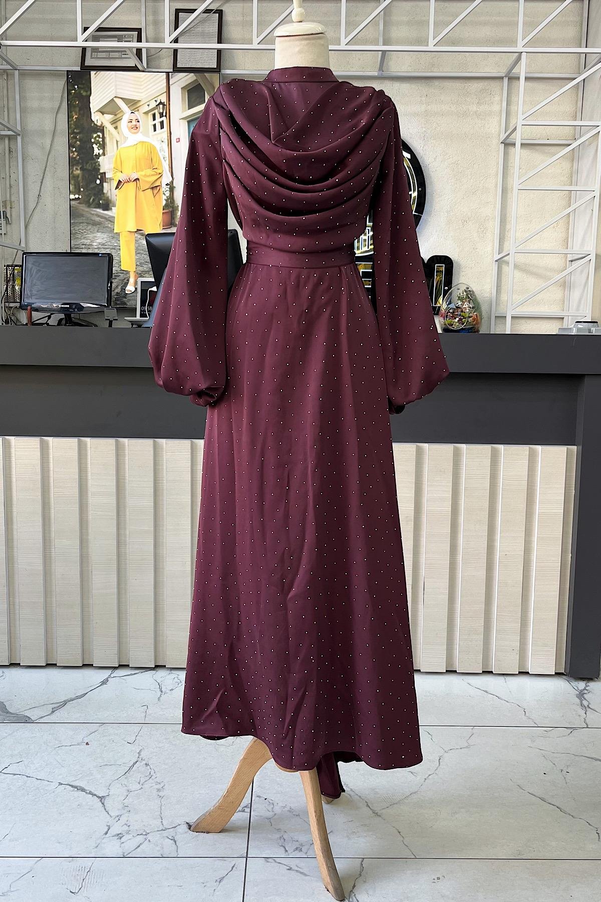 Degaje Yaka Taşlı Saten Elbise MürdümDubaiShowroomELBİSELER5100