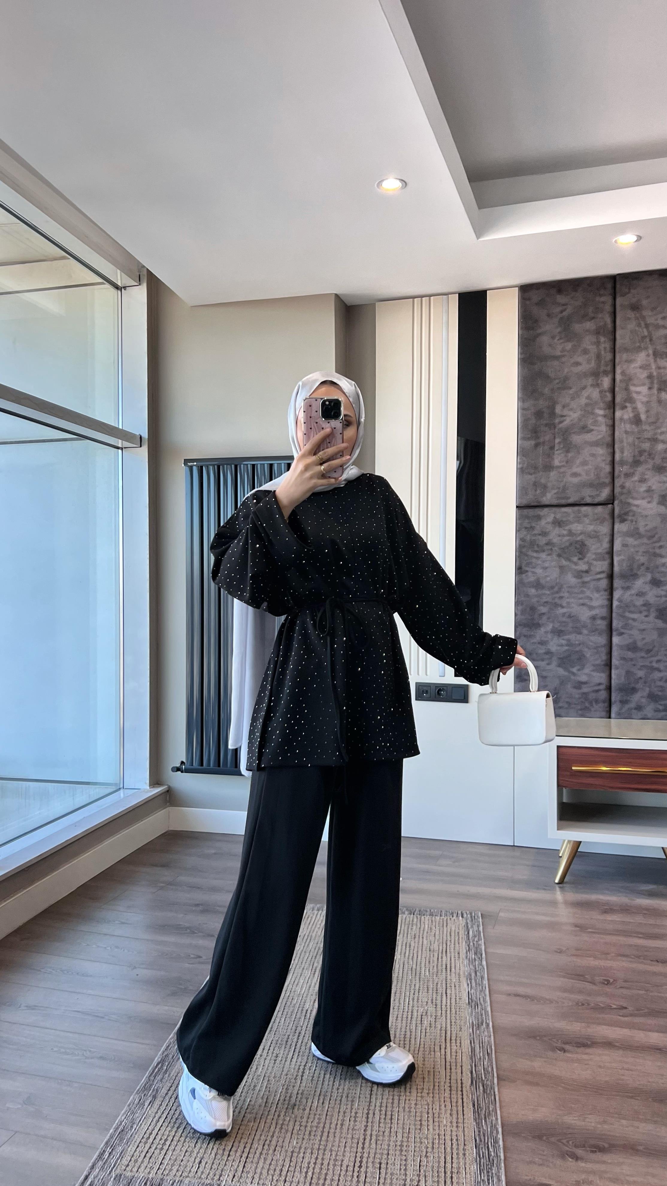 Üzeri Taşlı Pamuklu Takım SiyahDubaiShowroomTAKIM514506