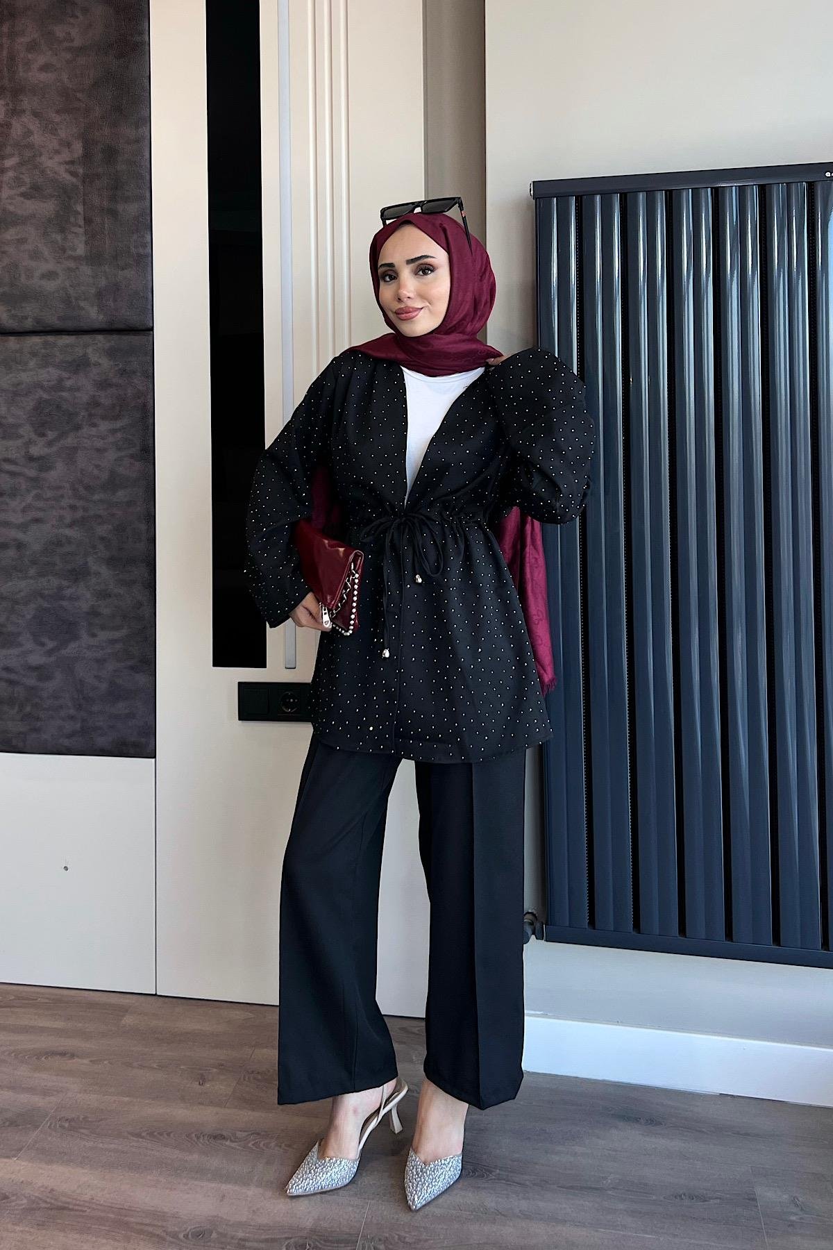 Üzeri Taşlı İkili Takım SiyahDubaiShowroomTAKIM04727-SYH