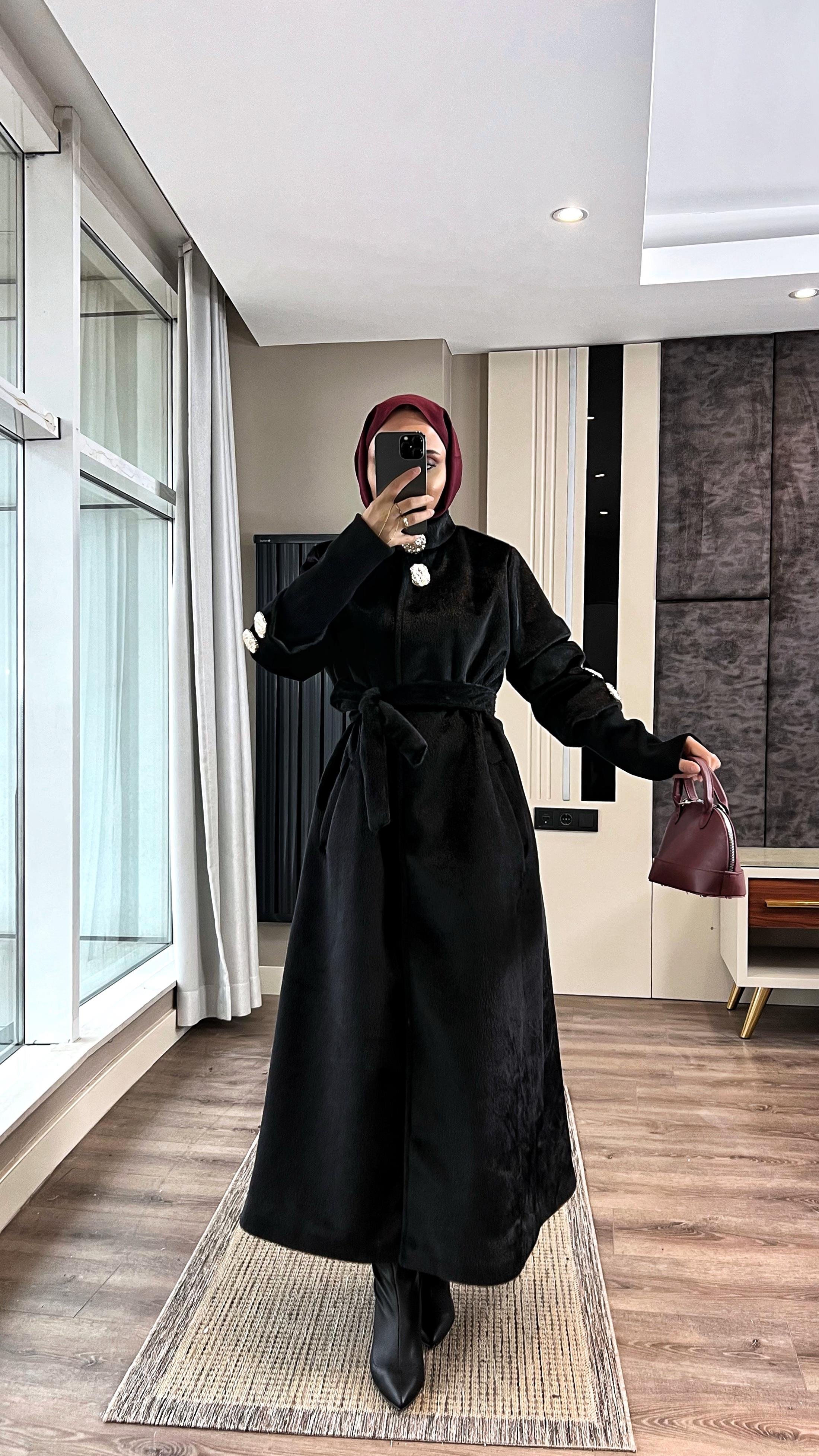 Kol Ribanalı Angora Kaban SiyahDubaiShowroomDIŞ GİYİM09159