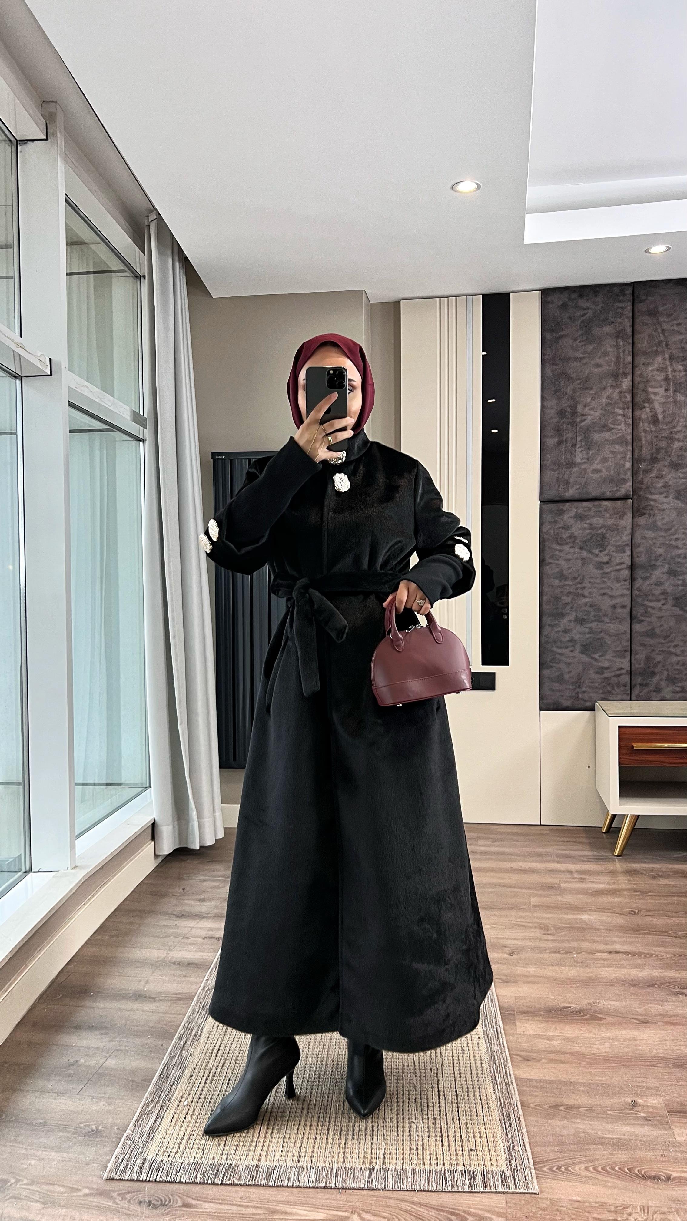 Kol Ribanalı Angora Kaban SiyahDubaiShowroomDIŞ GİYİM09159