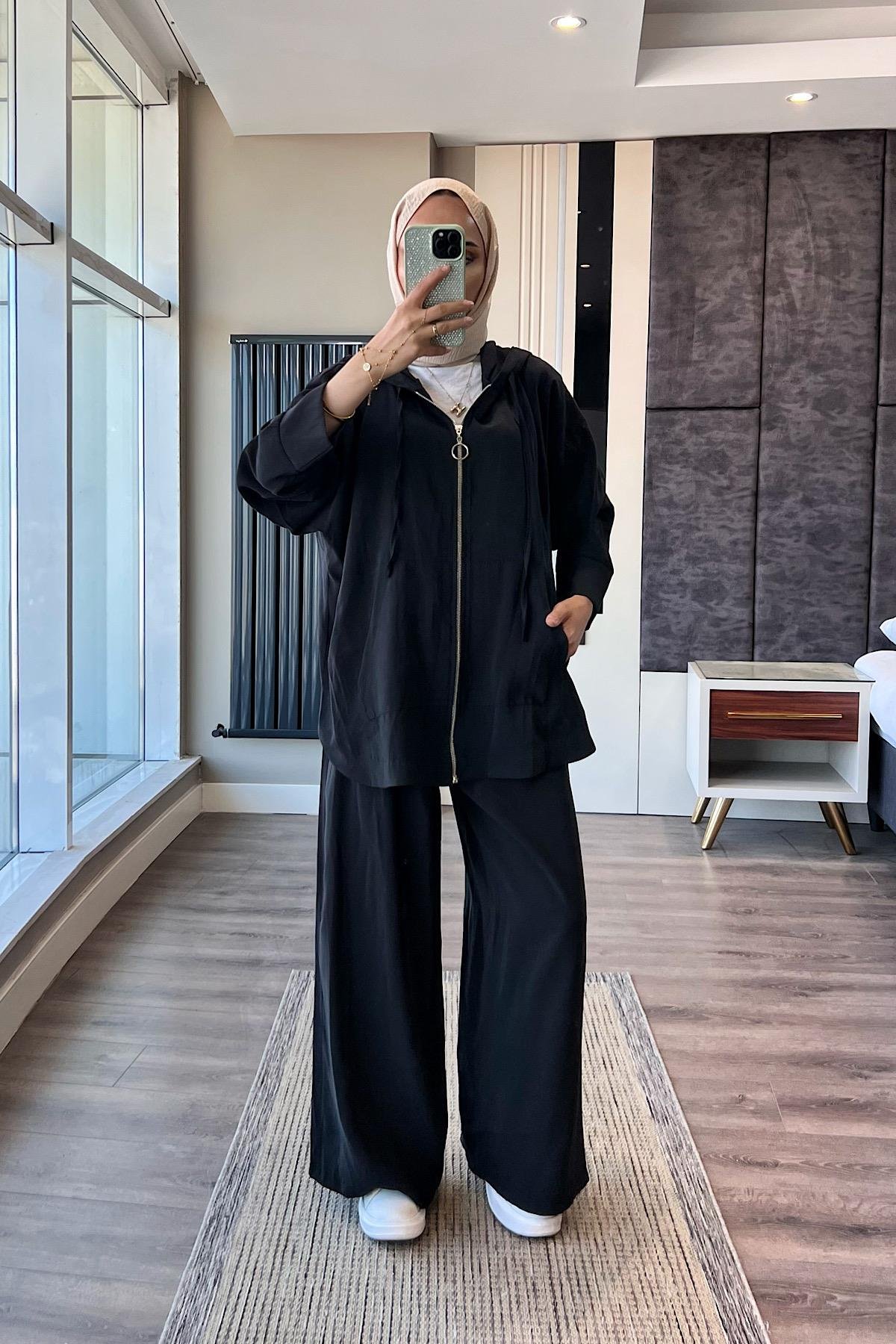 Fermuarlı Kapşonlu Takım SiyahDubaiShowroomTAKIM02323-SYH