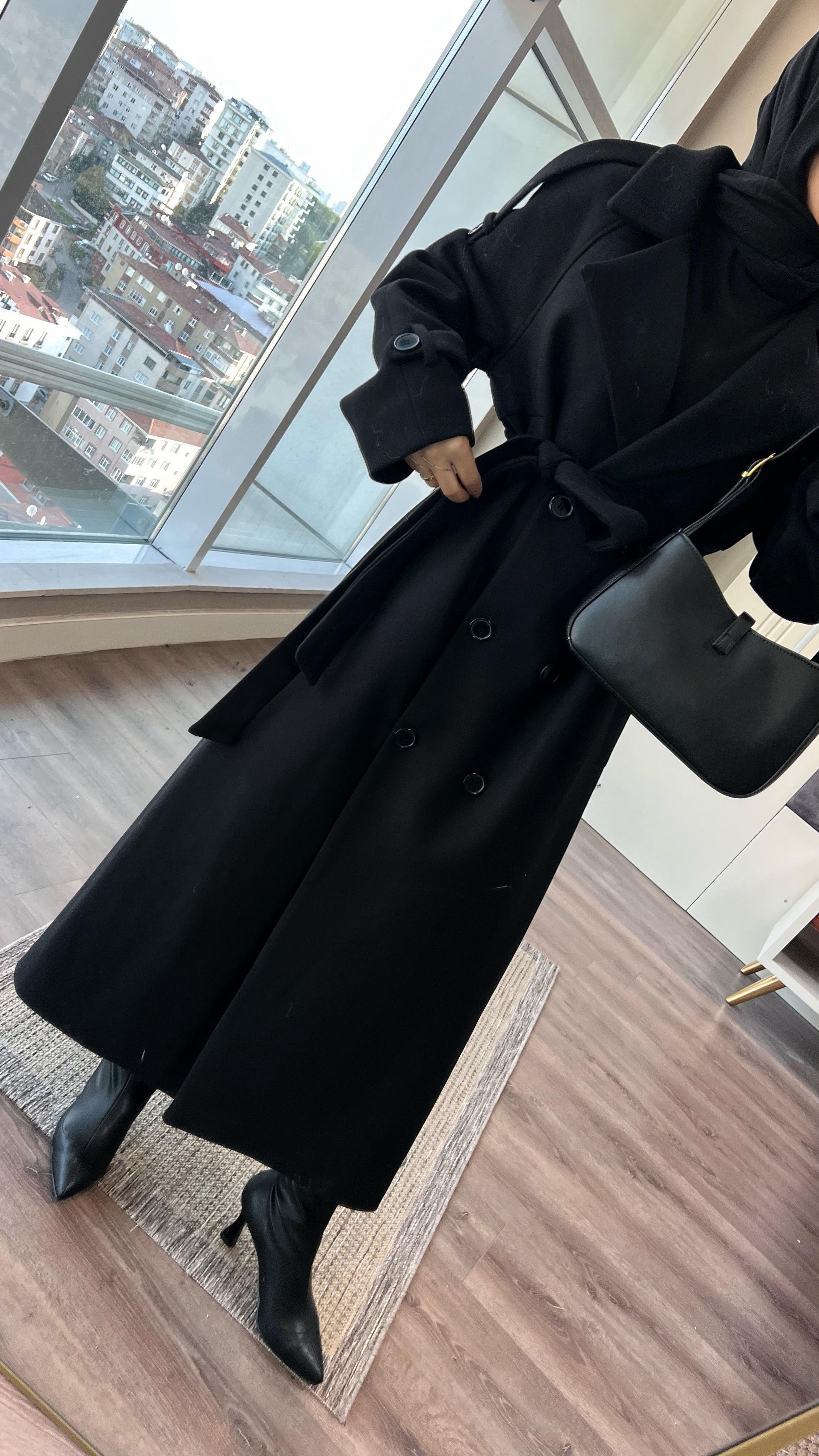 Kuşaklı Kaşe Kaban SiyahDubaiShowroomDIŞ GİYİM70028