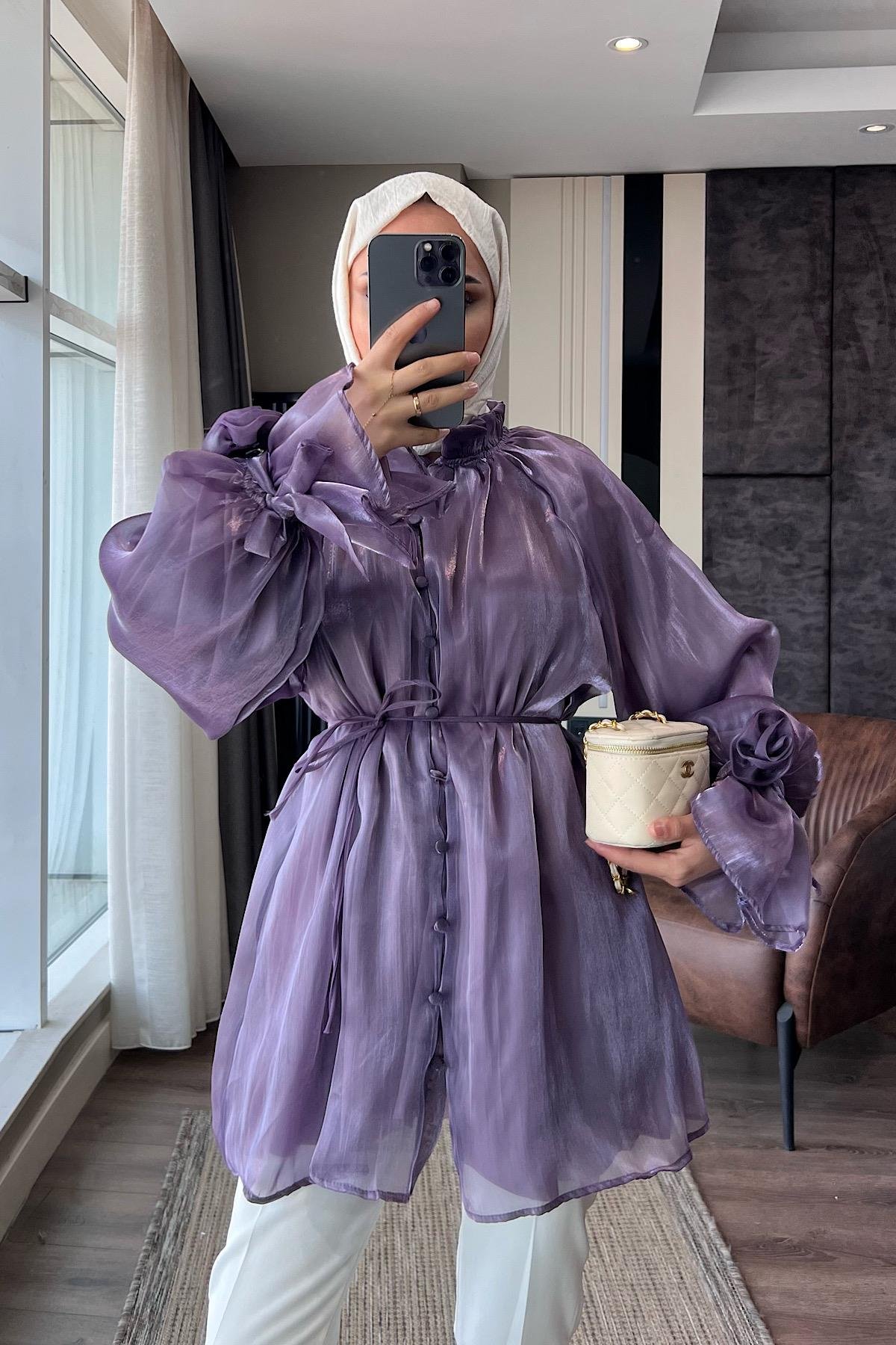 Organze Gül Detaylı Tunik LilaDubaiShowroomÜST GİYİM8971