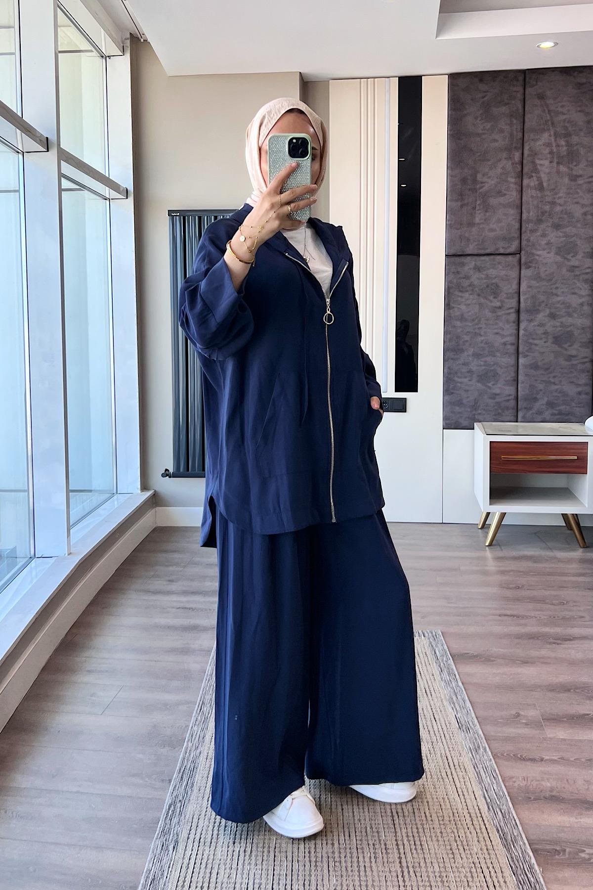 Fermuarlı Kapşonlu Takım Lacivert DubaiShowroomTAKIM02323-LCVRT