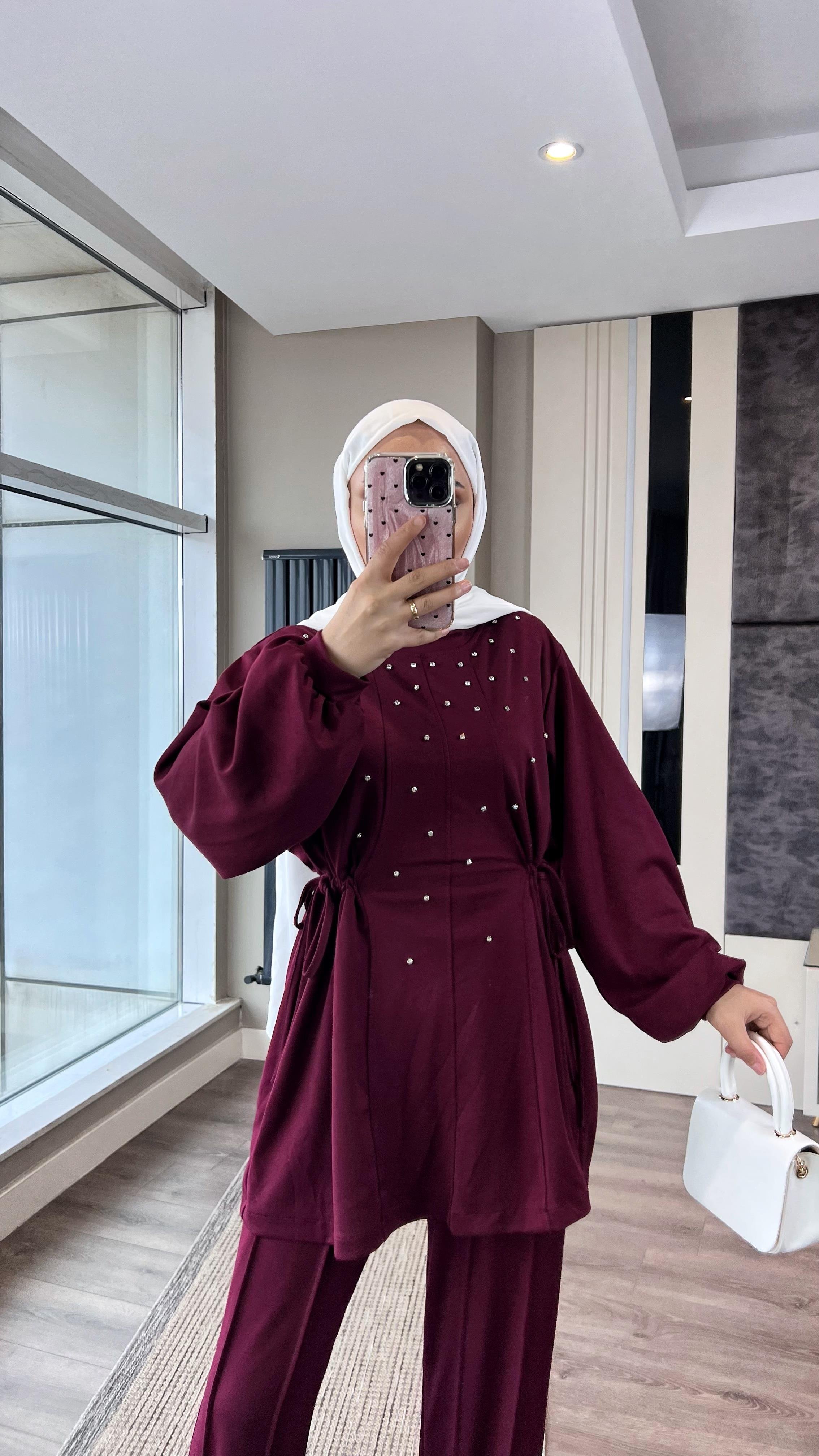 Taşlı İkili Takım BordoDubaiShowroomTAKIM41544