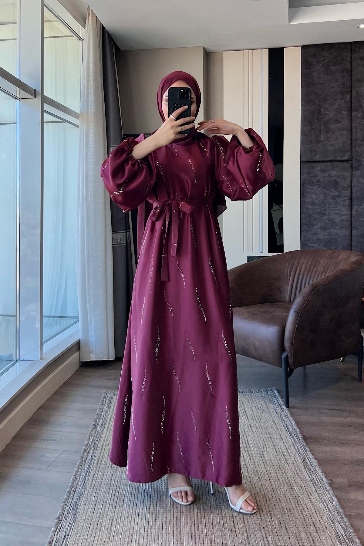 Üzeri Taş Detay Saten Elbise BordoDubaiShowroomELBİSELER01146