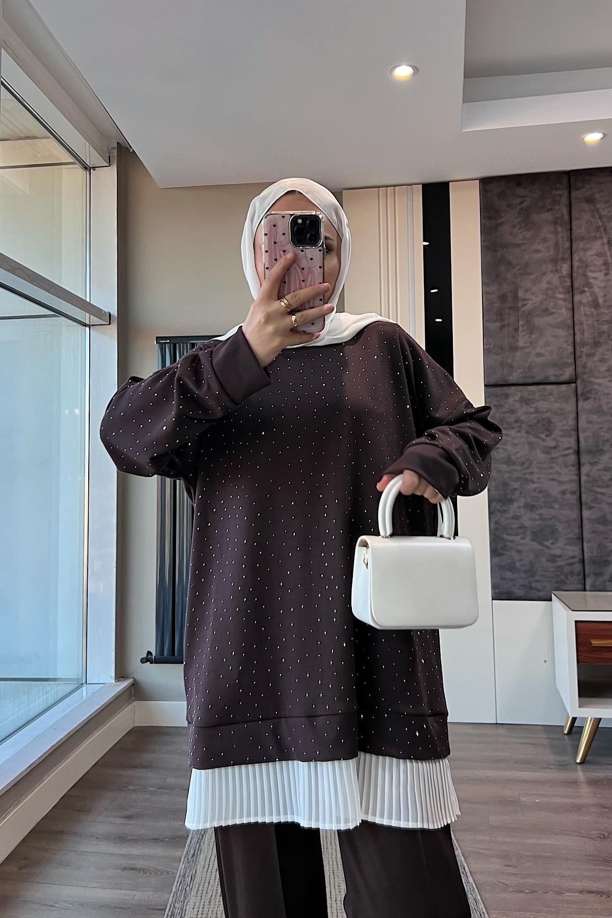 Altı Pileli Üzeri taşlı Takım KahverengiDubaiShowroomTAKIM41654