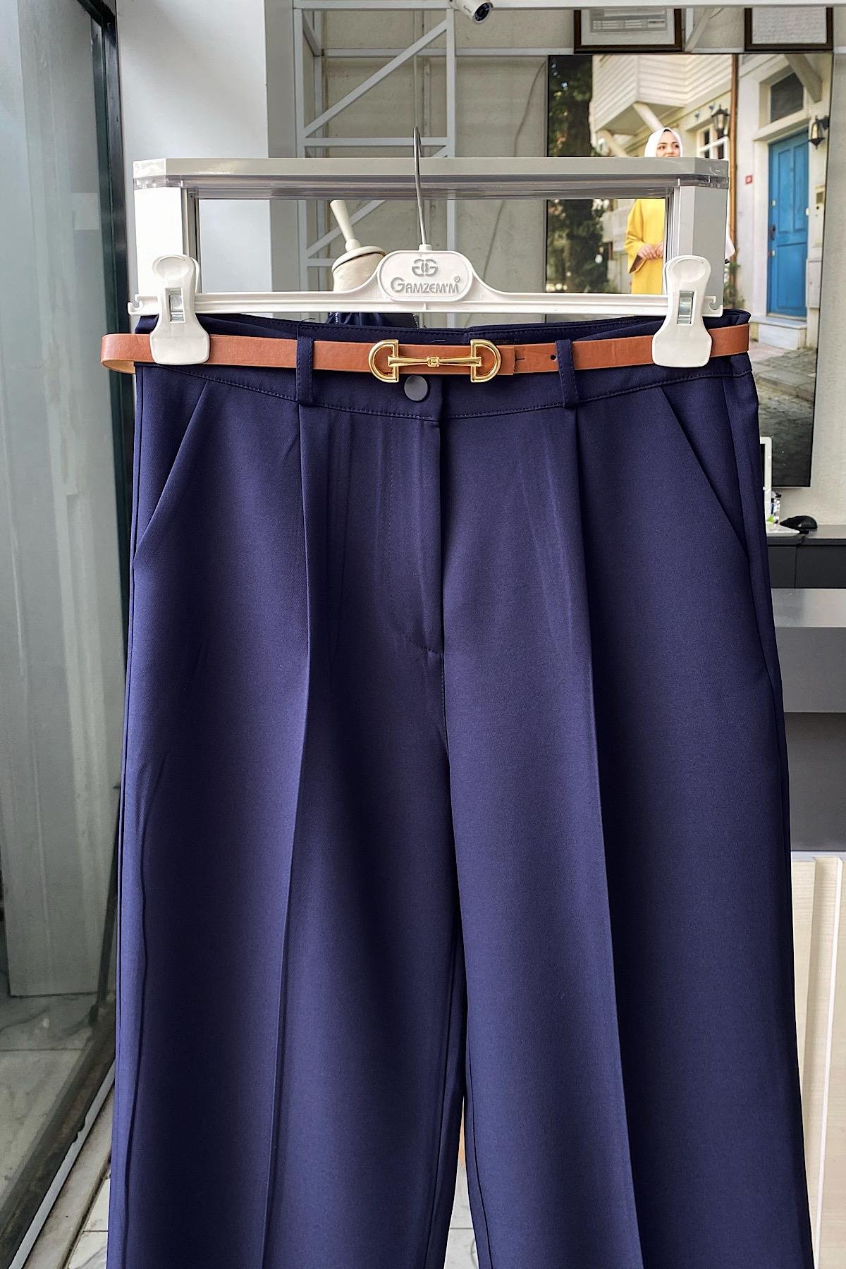 Kemerli Bol Paça Pantolon LacivertDubaiShowroomALT GİYİM02200