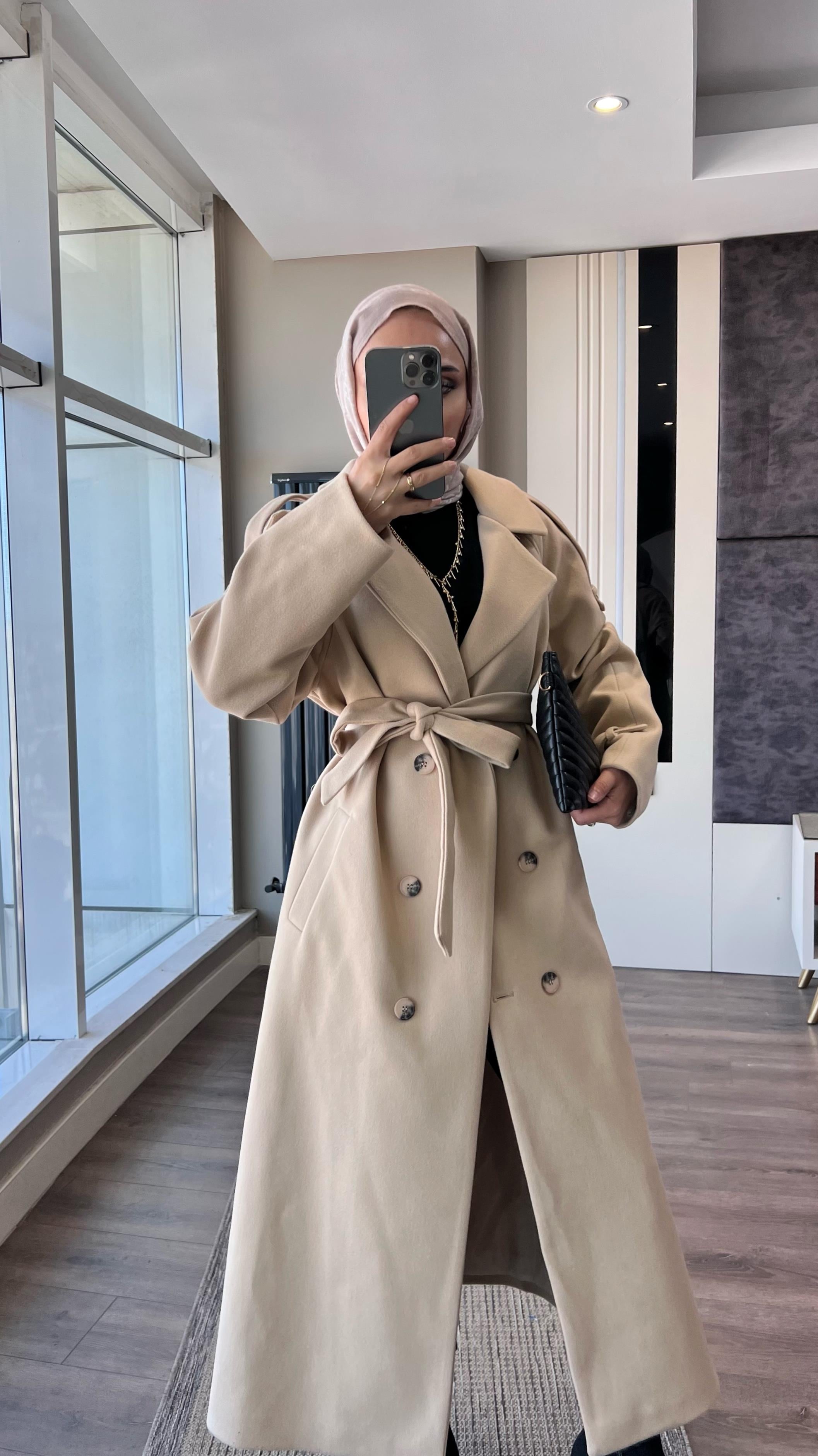 Kuşaklı Kaşe Kaban BejDubaiShowroomDIŞ GİYİM70028