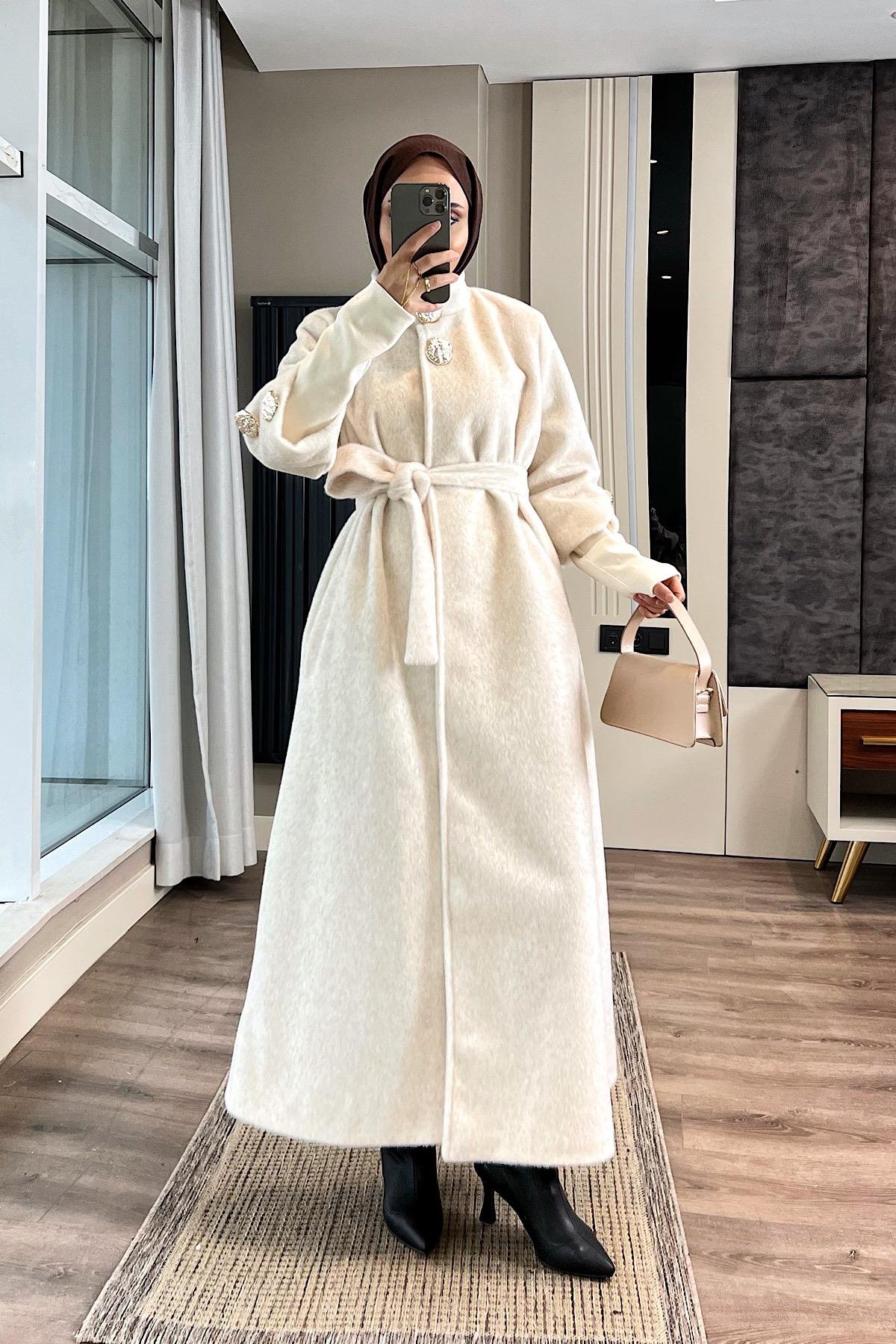Kol Ribanalı Angora Kaban KremDubaiShowroomDIŞ GİYİM09159