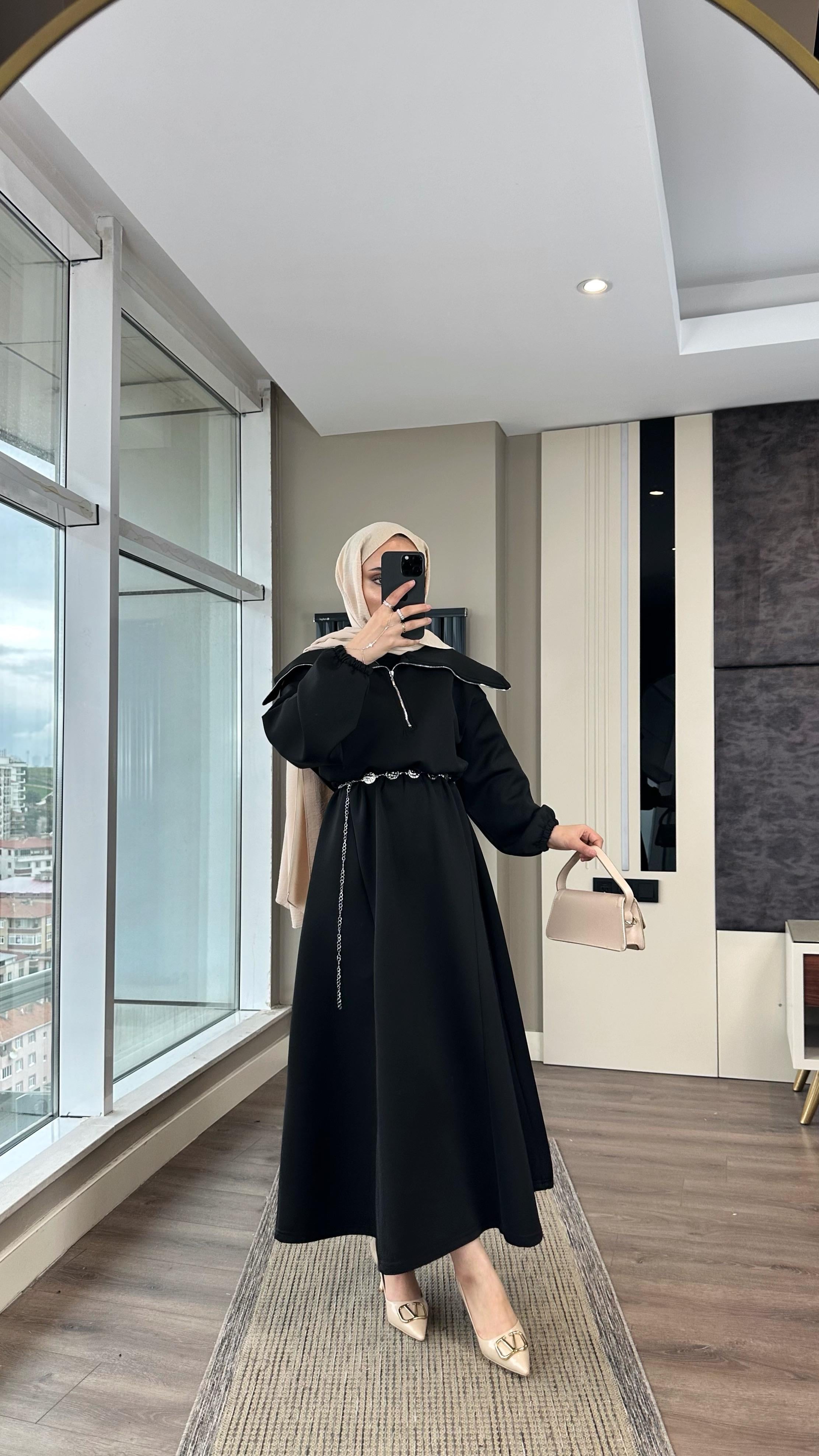 Yakası Geniş Skuba Elbise SiyahDubaiShowroomELBİSELER01053