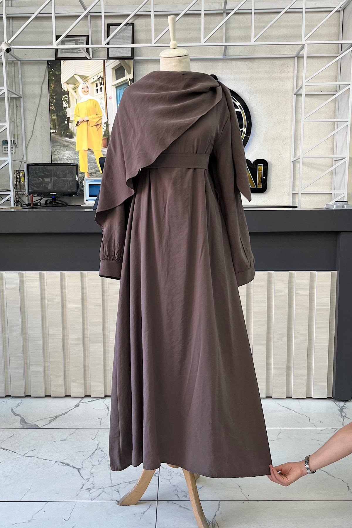 Şal yaka elbise Kahve DubaiShowroomELBİSELER010800