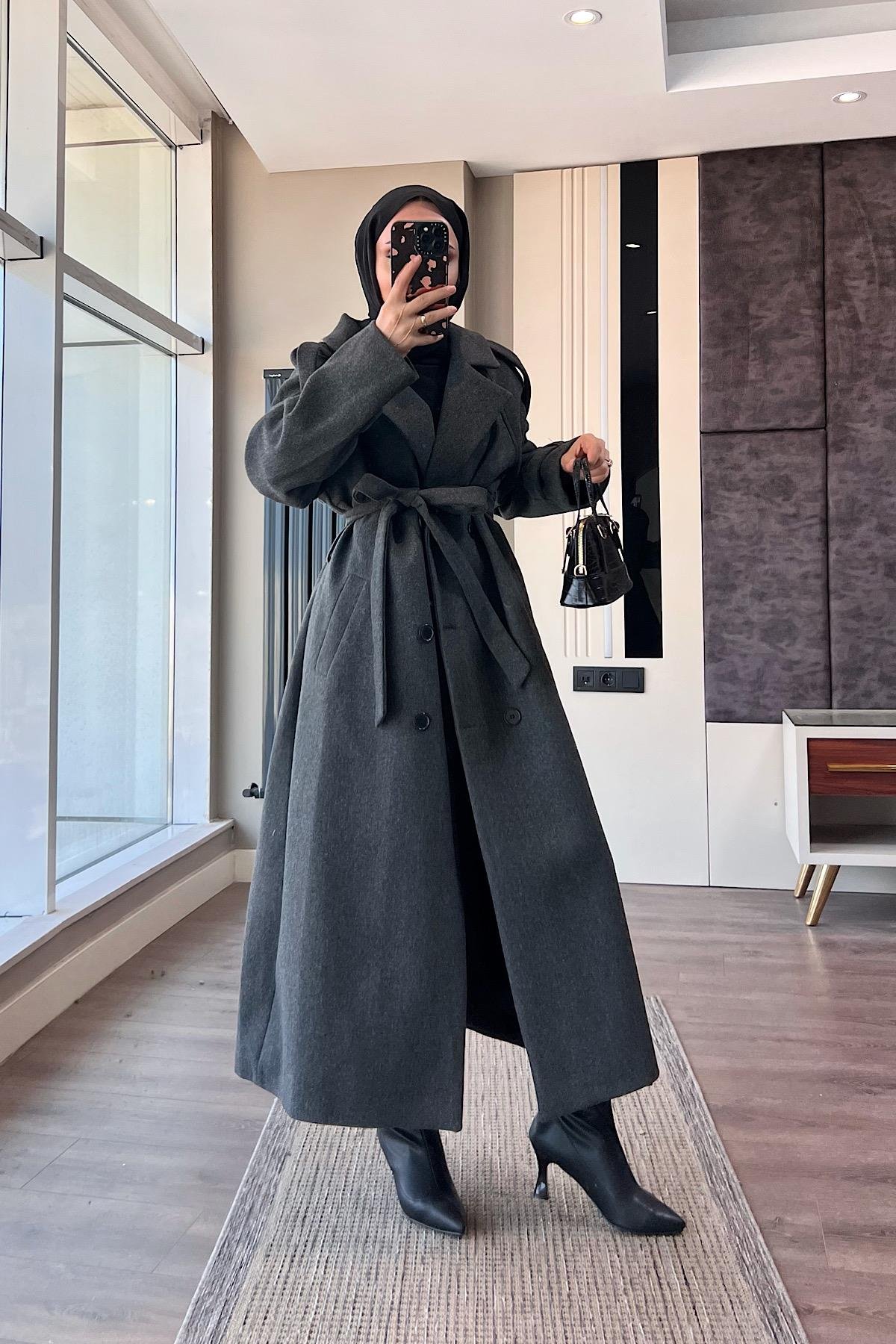 Kuşaklı Kaşe Kaban AntraitDubaiShowroomDIŞ GİYİM70028