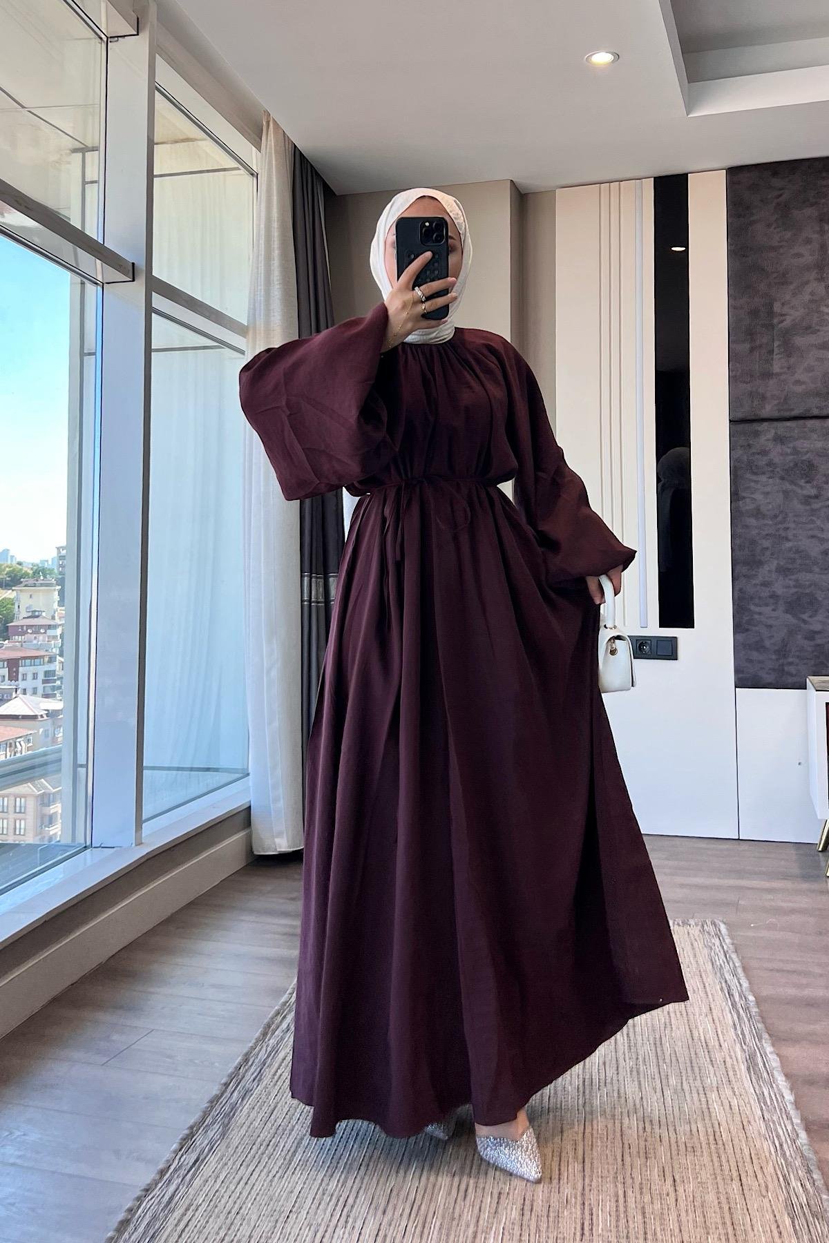 Balon kol Elbise BordoDubaiShowroomELBİSELER0183