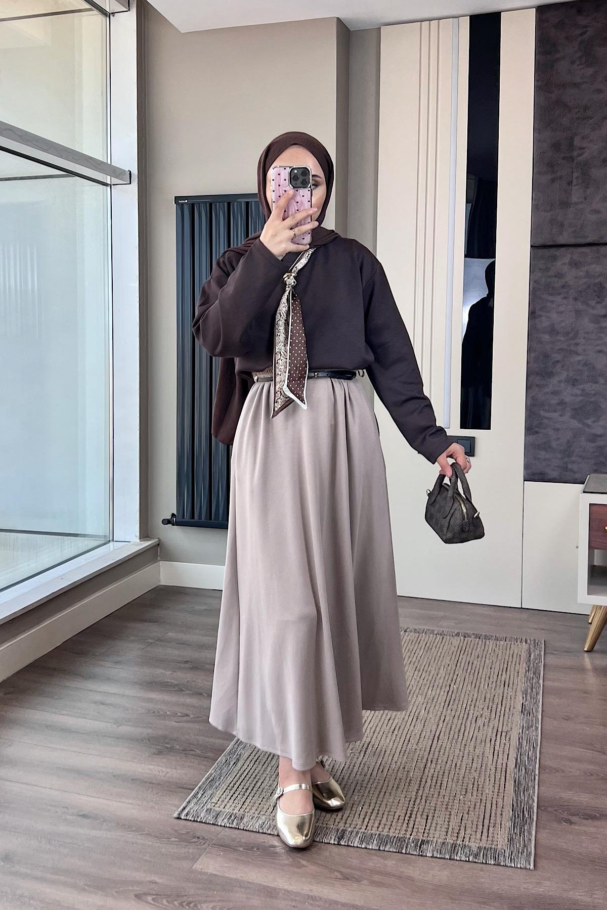 Beli Lastikli Etek BejDubaiShowroomALT GİYİM70048