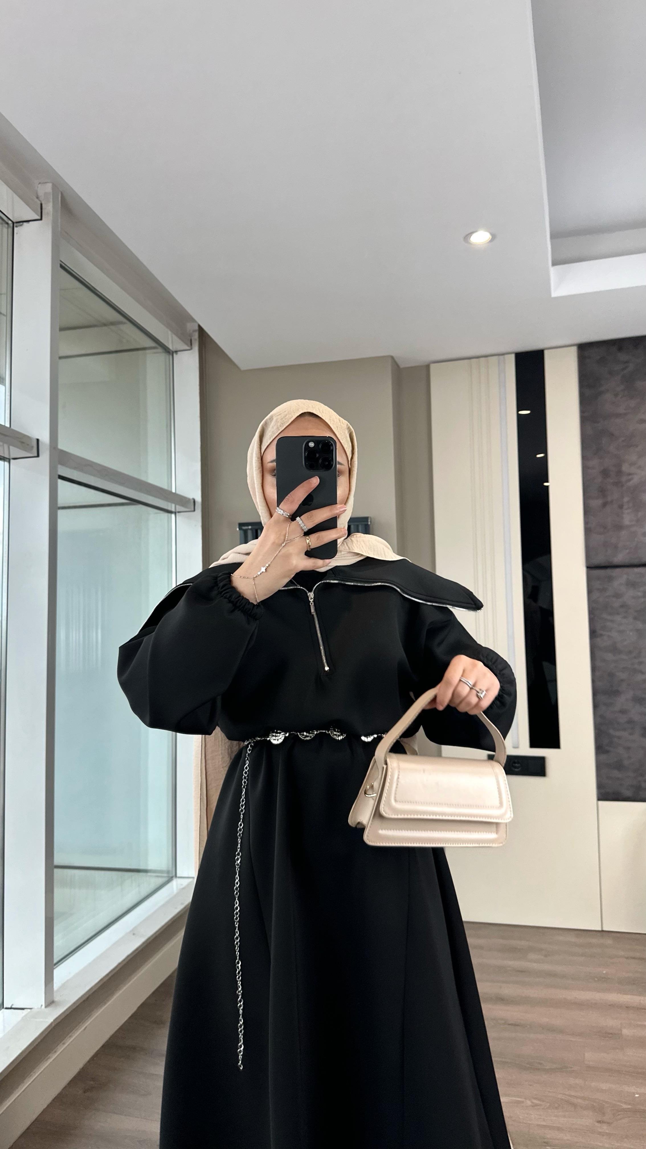 Yakası Geniş Skuba Elbise SiyahDubaiShowroomELBİSELER01053
