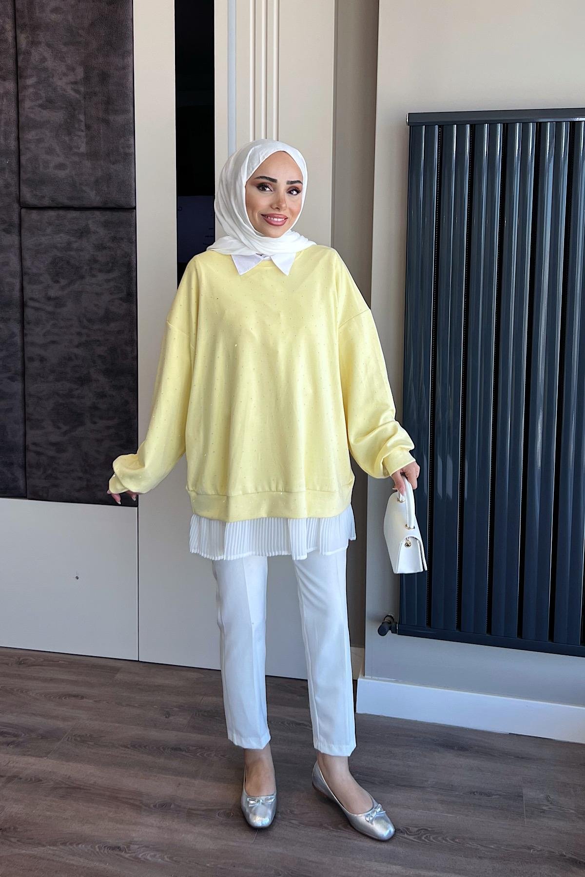 Kendinden Pileli Taşlı Sweat SarıDubaiShowroomSWEAT01069