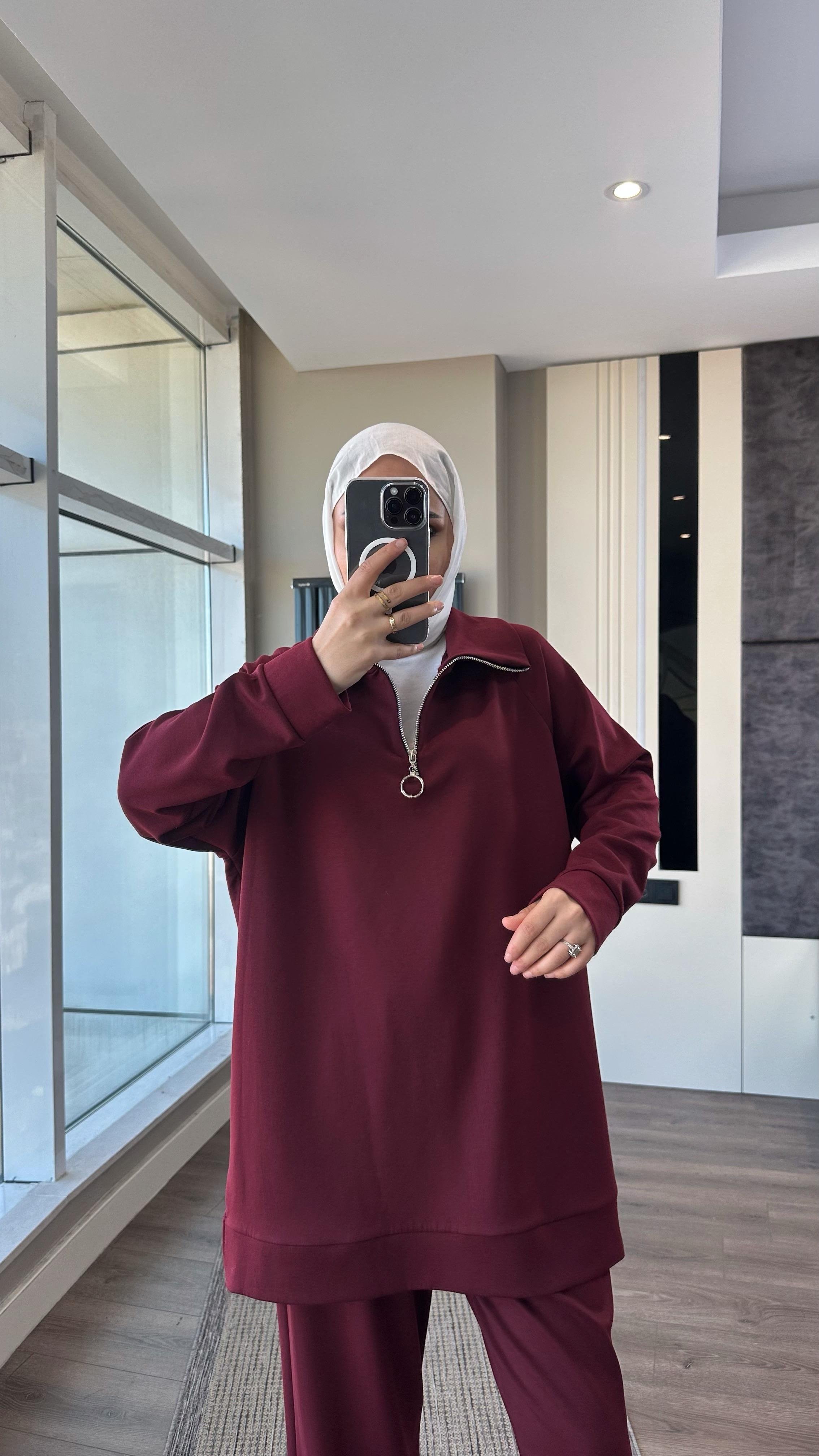 Yakası Fermuarlı Takım BordoDubaiShowroomTAKIM01020