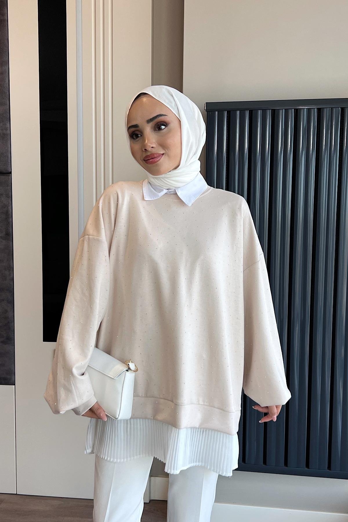 Kendinden Pileli Taşlı Sweat BejDubaiShowroomSWEAT010010-Bj