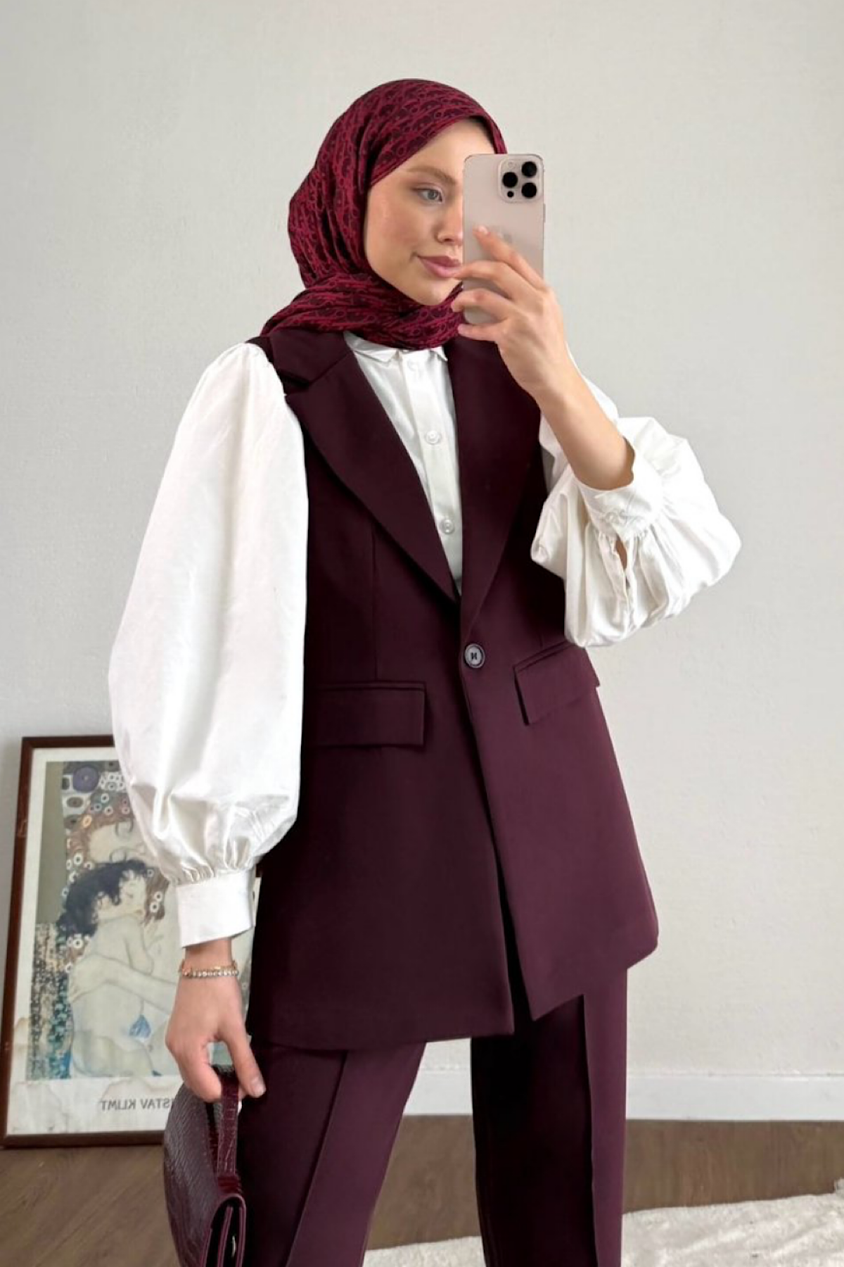 Tek Düğmeli Yelekli Takım BordoDubaiShowroomTAKIM26033