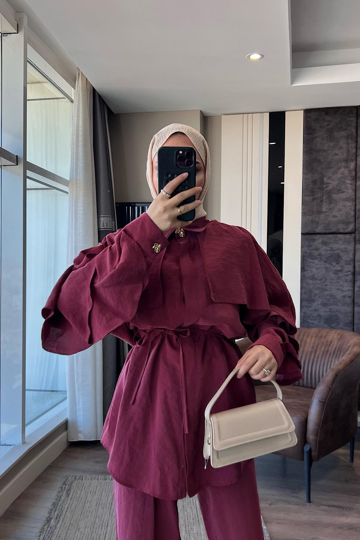 Kolları fırfırlı Takım BordoDubaiShowroomTAKIM22729