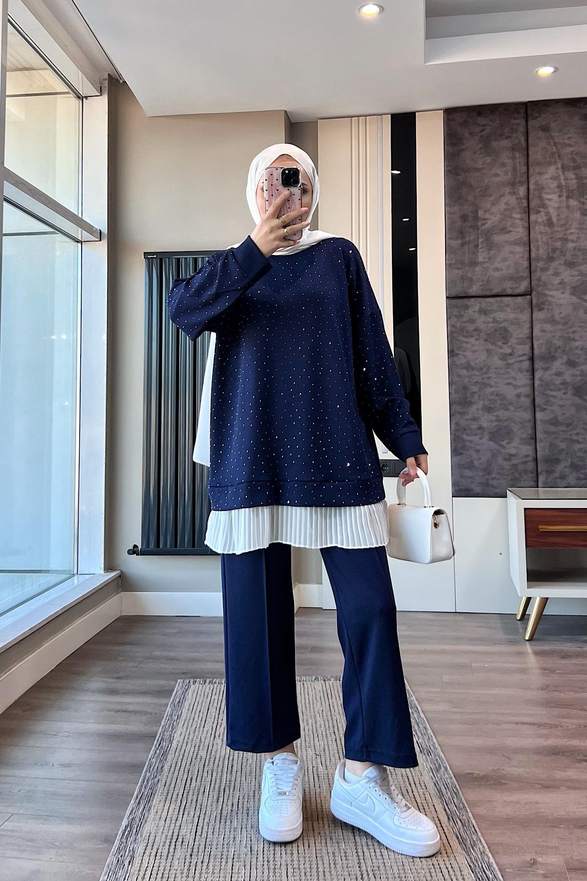 Altı Pileli Üzeri taşlı Takım Lacivert DubaiShowroomTAKIM41654