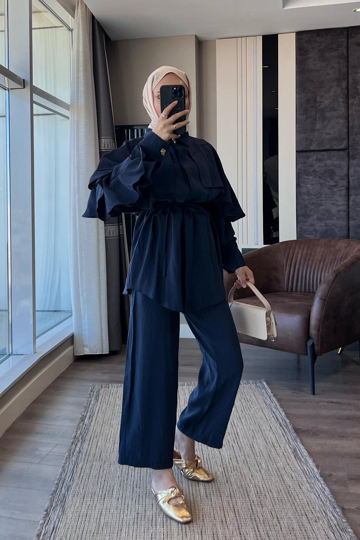 Kolları fırfırlı Takım LacivertDubaiShowroomTAKIM22729