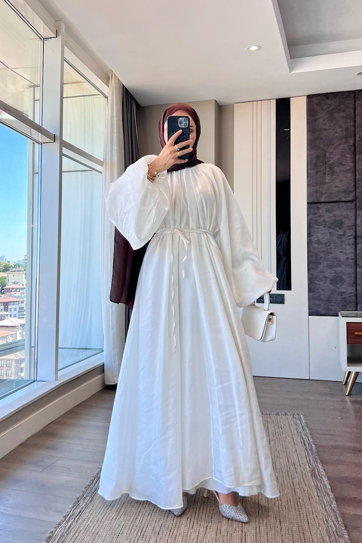 Balon kol Elbise beyaz DubaiShowroomELBİSELER0183