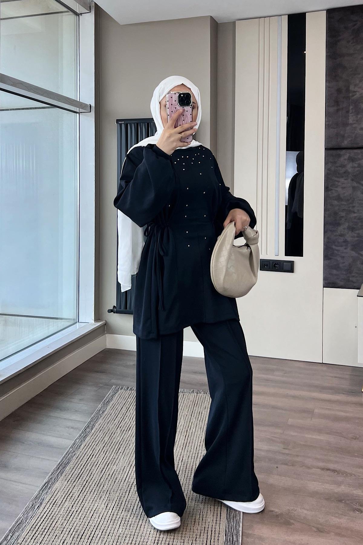 Taşlı İkili Takım Lacivert DubaiShowroomTAKIM41544