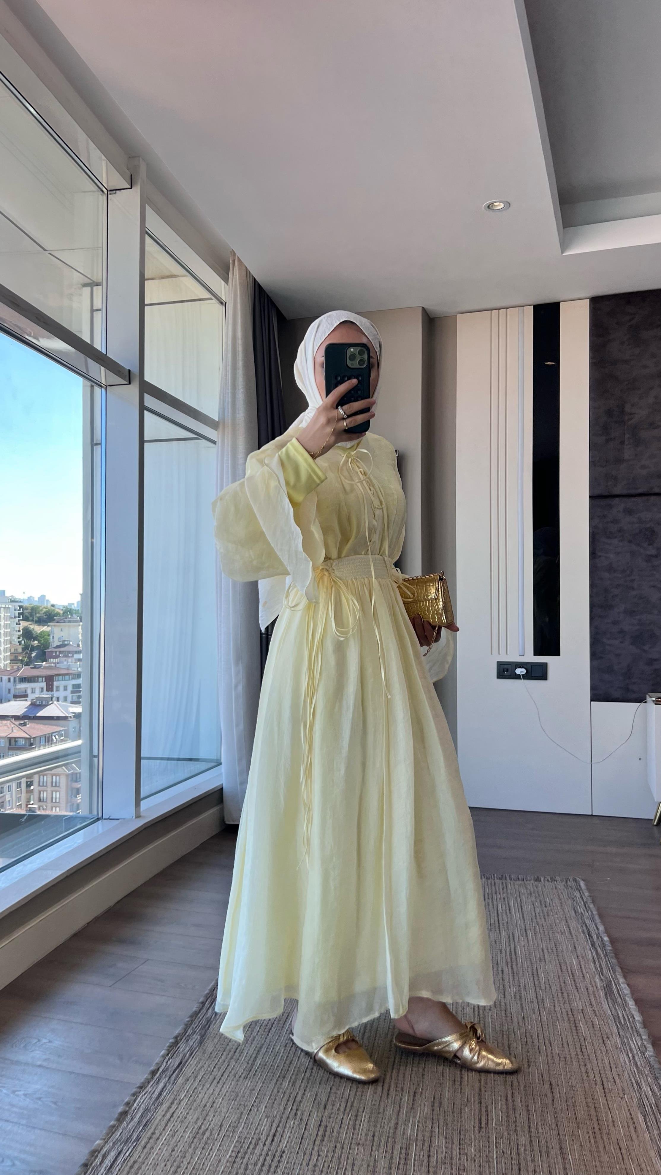 Örgü Yaka Etekli Takım SarıDubaiShowroomTAKIM02309-SARI