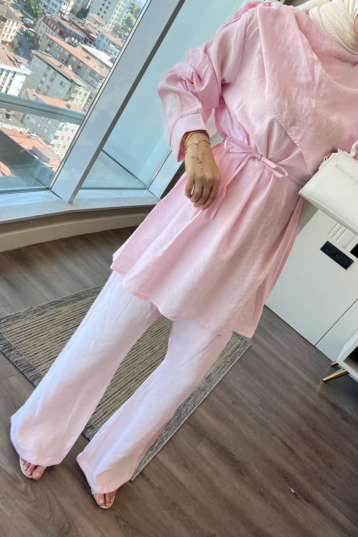 Omuz Şal Atkı Detay Takım Toz PembeDubaiShowroomTAKIM07426-PEMBE