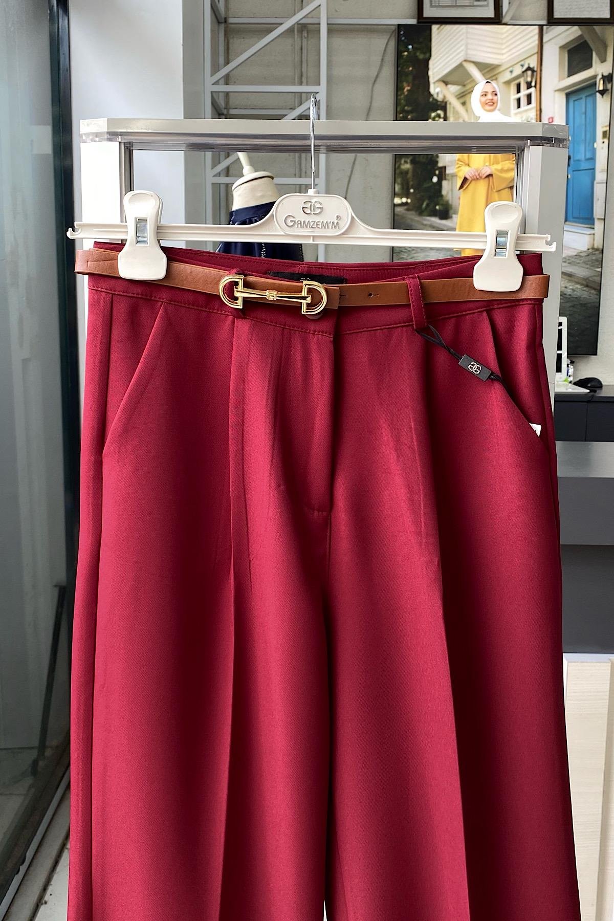 Kemerli Bol Paça Pantolon BordoDubaiShowroomALT GİYİM02200