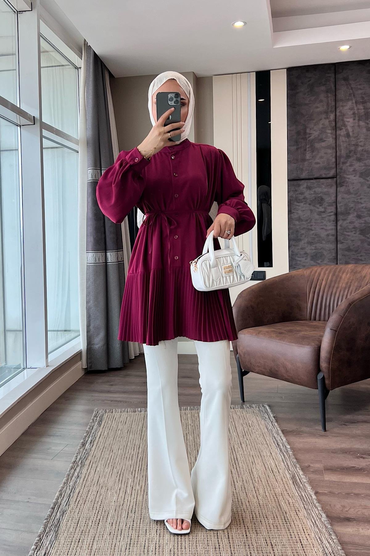 Eteği Pileli hakim yaka linda Vişne ÇürüğüDubaiShowroomÜST GİYİM019055