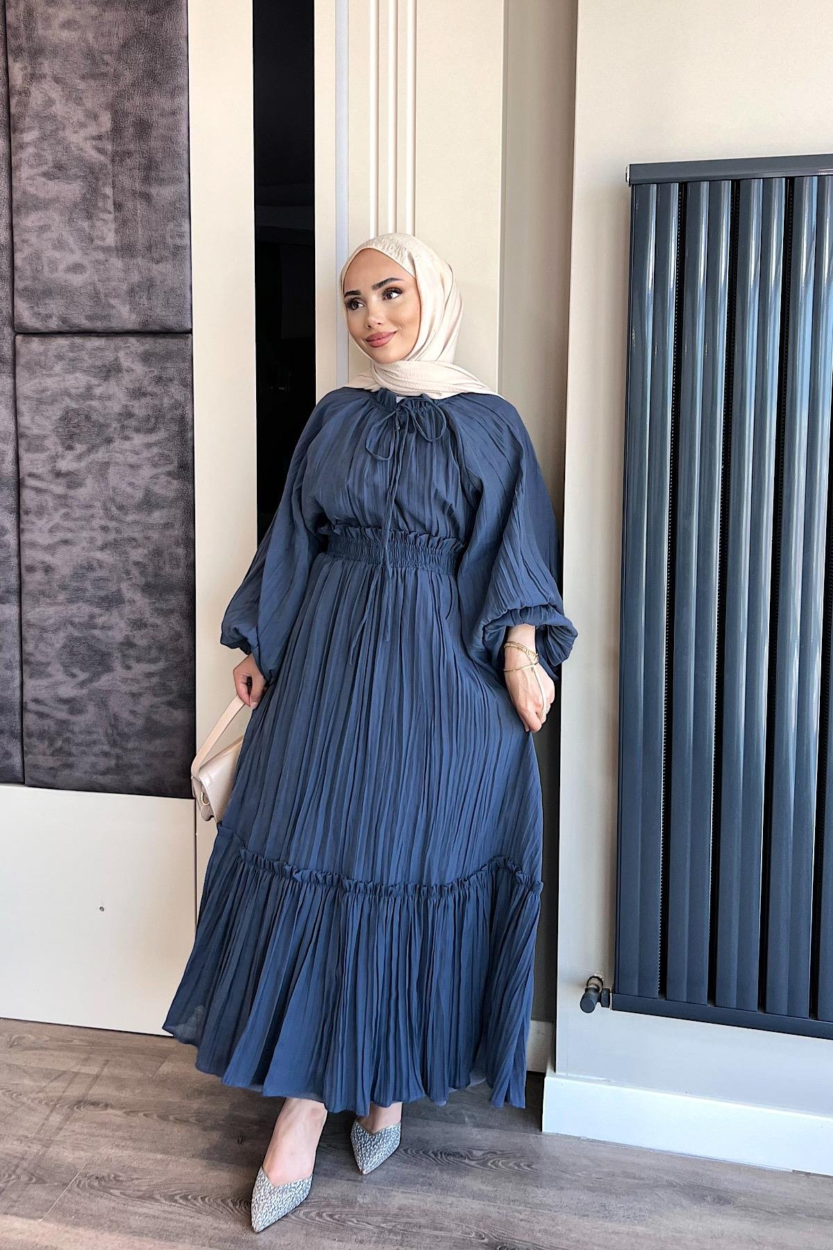 Kraşlı Vual Etekli Takım-İndigoDubaiShowroomTAKIM02326-İNDGO