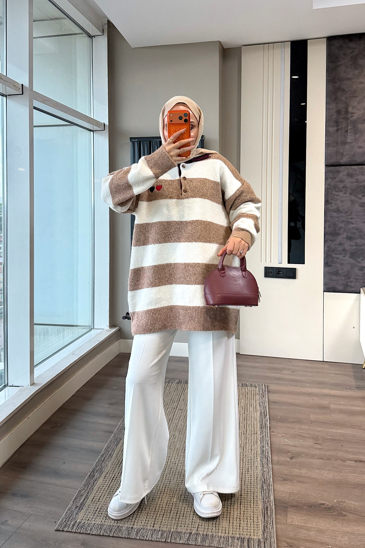 Polo Yaka Camel Beyaz Çizgili Yumoş TunikDubaiShowroomÜST GİYİM00968