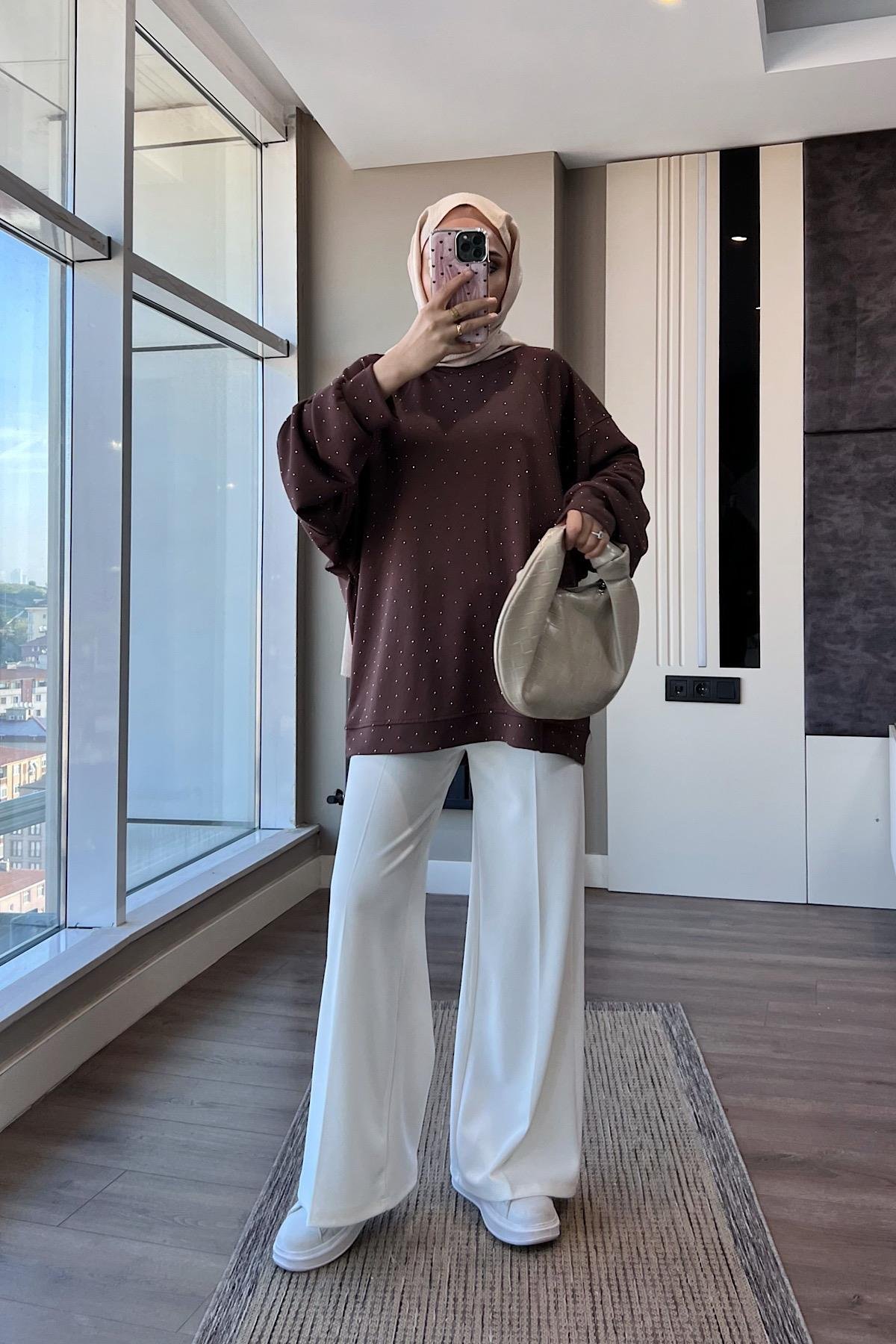 Pamuklu Taşlı Sweat Kahverengi DubaiShowroomÜST GİYİM202894