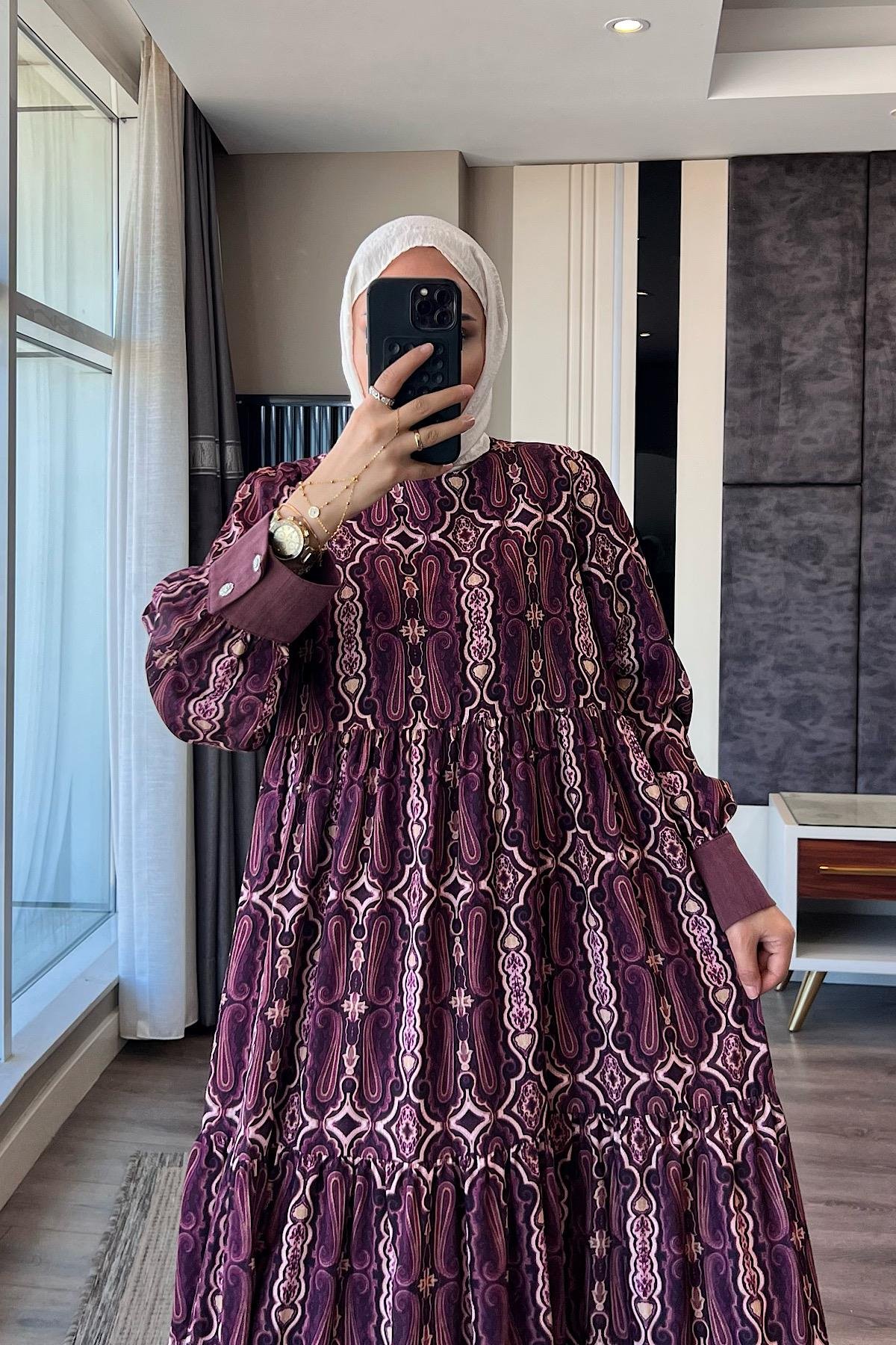 Manşet Detaylı Etnik Desen Elbise DubaiShowroomELBİSELER02035