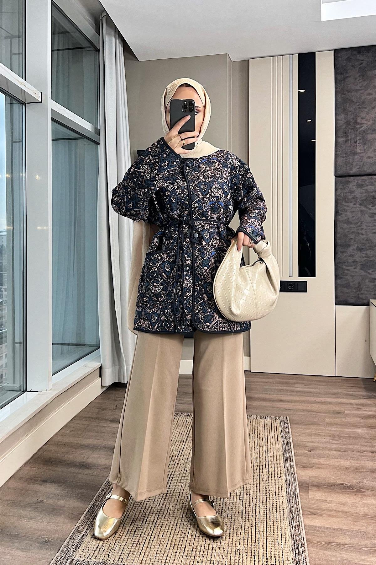 Desenli Kimono Lacivert DubaiShowroomDIŞ GİYİM01983